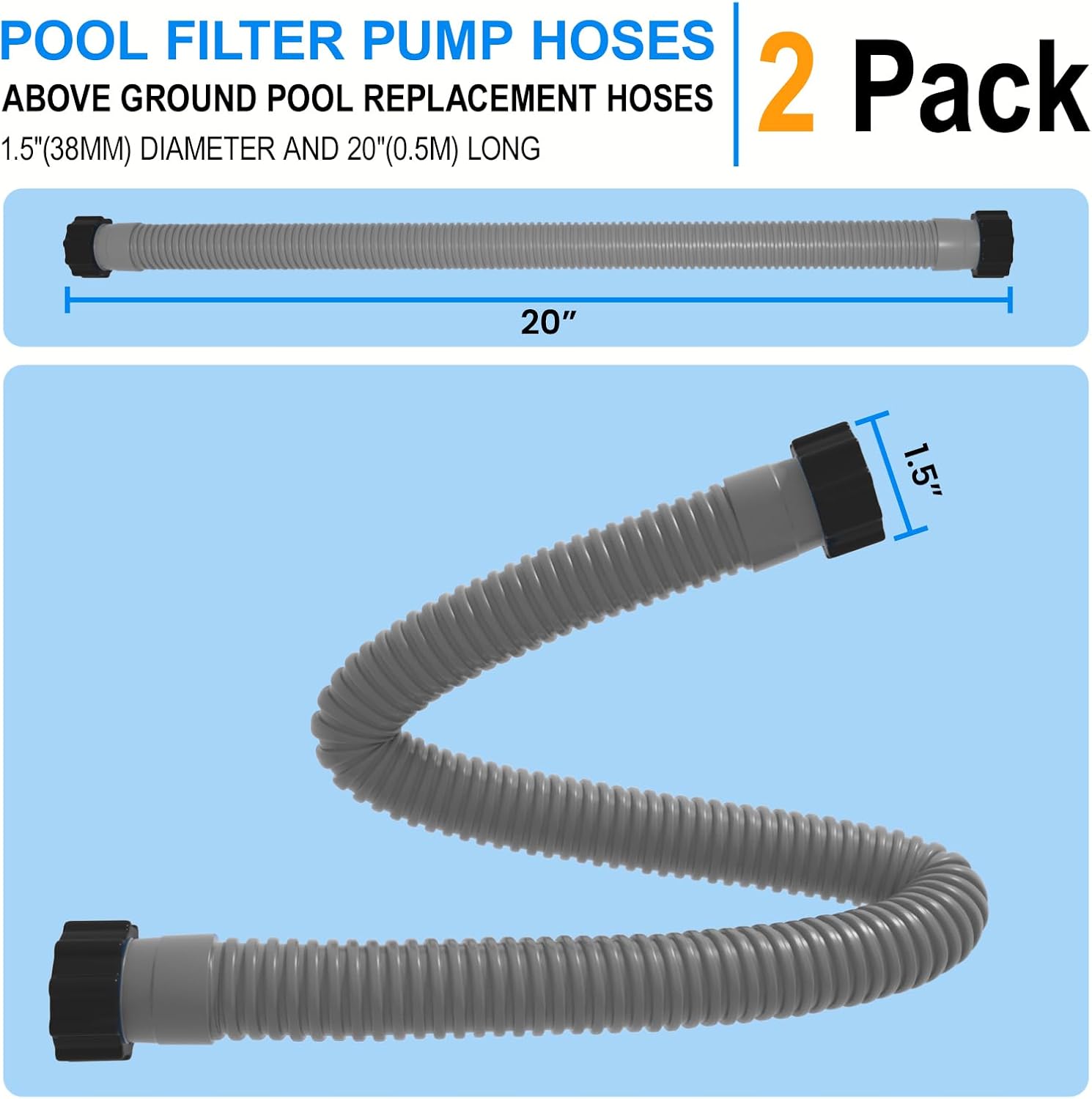 1.5" x 20" Pool Hose Replacement, Pack of 2 - Compatible with Above Ground Pools Filter Pump Hoses, Sand Filters, Saltwater Systems 1,500-2,500 GPH , Grey Gray