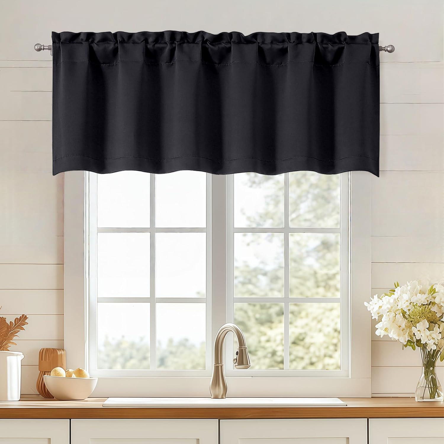 Black Valances for Windows, Small Blackout Curtains Kitchen Bedroom Living Room, Rod Pocket Privacy Modern Solid Short Window Treatment Valance Bathroom Panels, 60" Wx18 L,1 Piece 60"W x 18"L Pack of