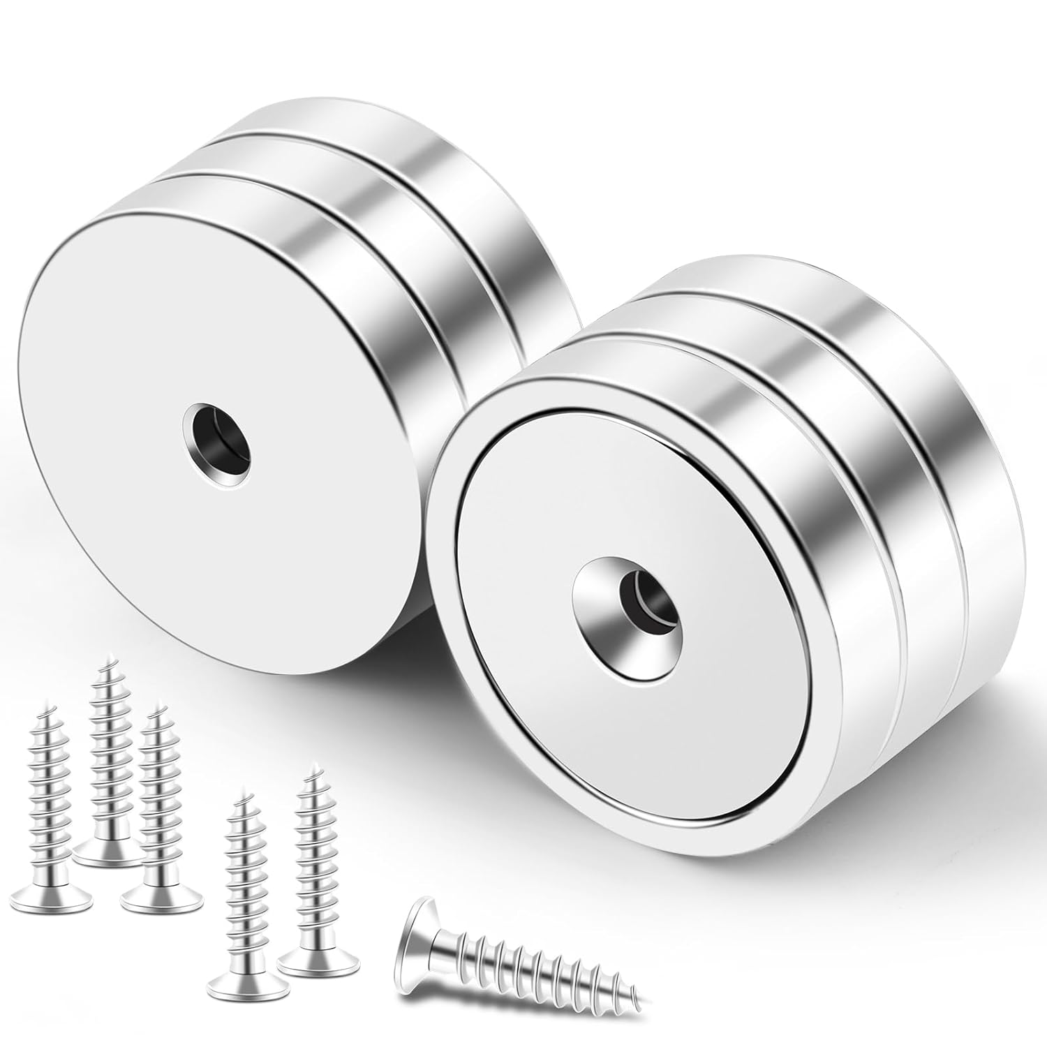 Strong Magnets, 150lb+ Waterproof Neodymium Cup Magnets with Screws for Wall Mounting,Rare Earth Magnet Holes Holding Tools Lifting, Hanging Silver, 6 Pack - 150lb