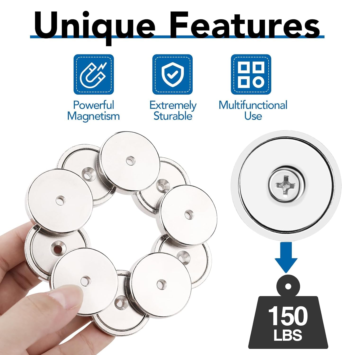 Strong Magnets, 150lb+ Waterproof Neodymium Cup Magnets with Screws for Wall Mounting,Rare Earth Magnet Holes Holding Tools Lifting, Hanging Silver, 6 Pack - 150lb