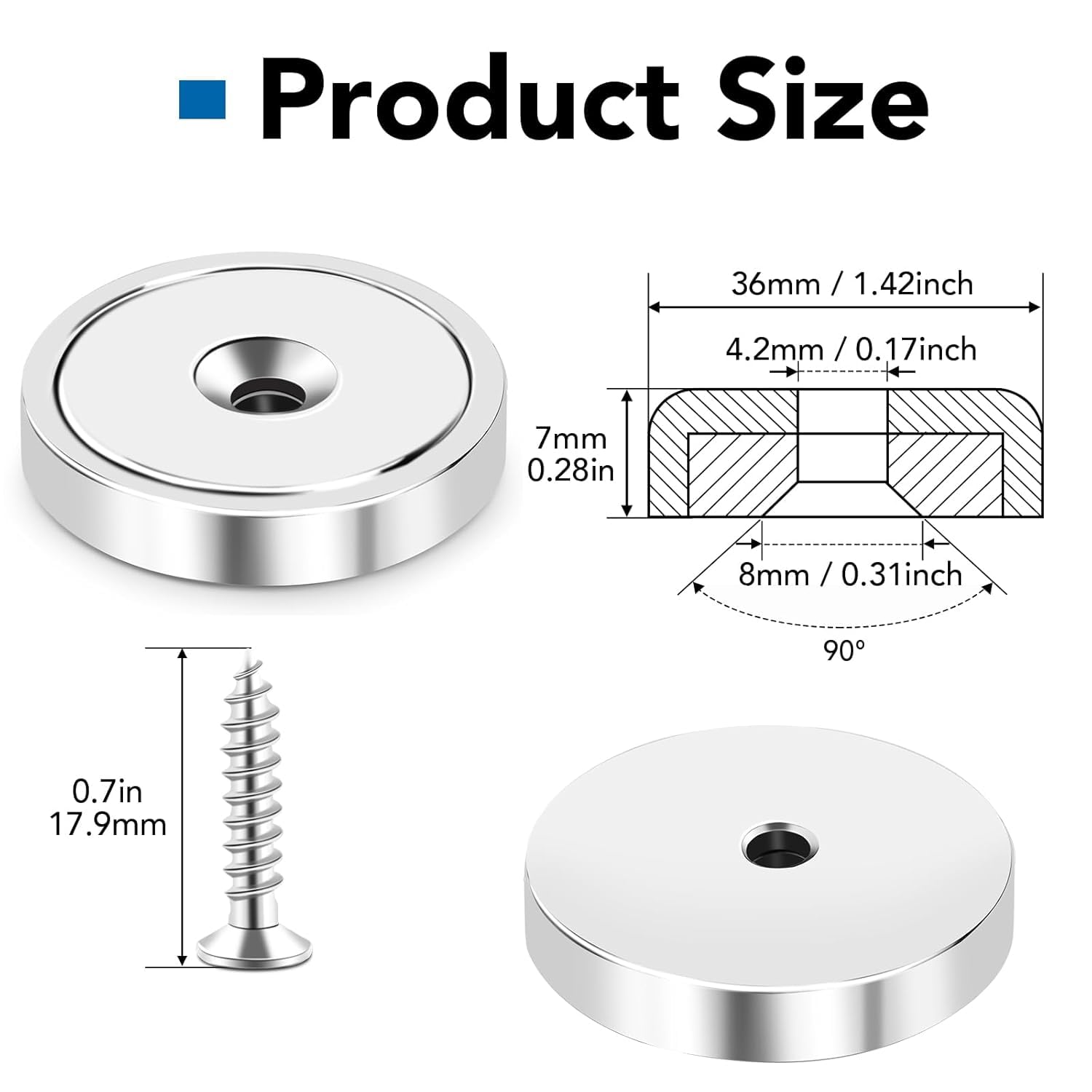 Strong Magnets, 150lb+ Waterproof Neodymium Cup Magnets with Screws for Wall Mounting,Rare Earth Magnet Holes Holding Tools Lifting, Hanging Silver, 6 Pack - 150lb