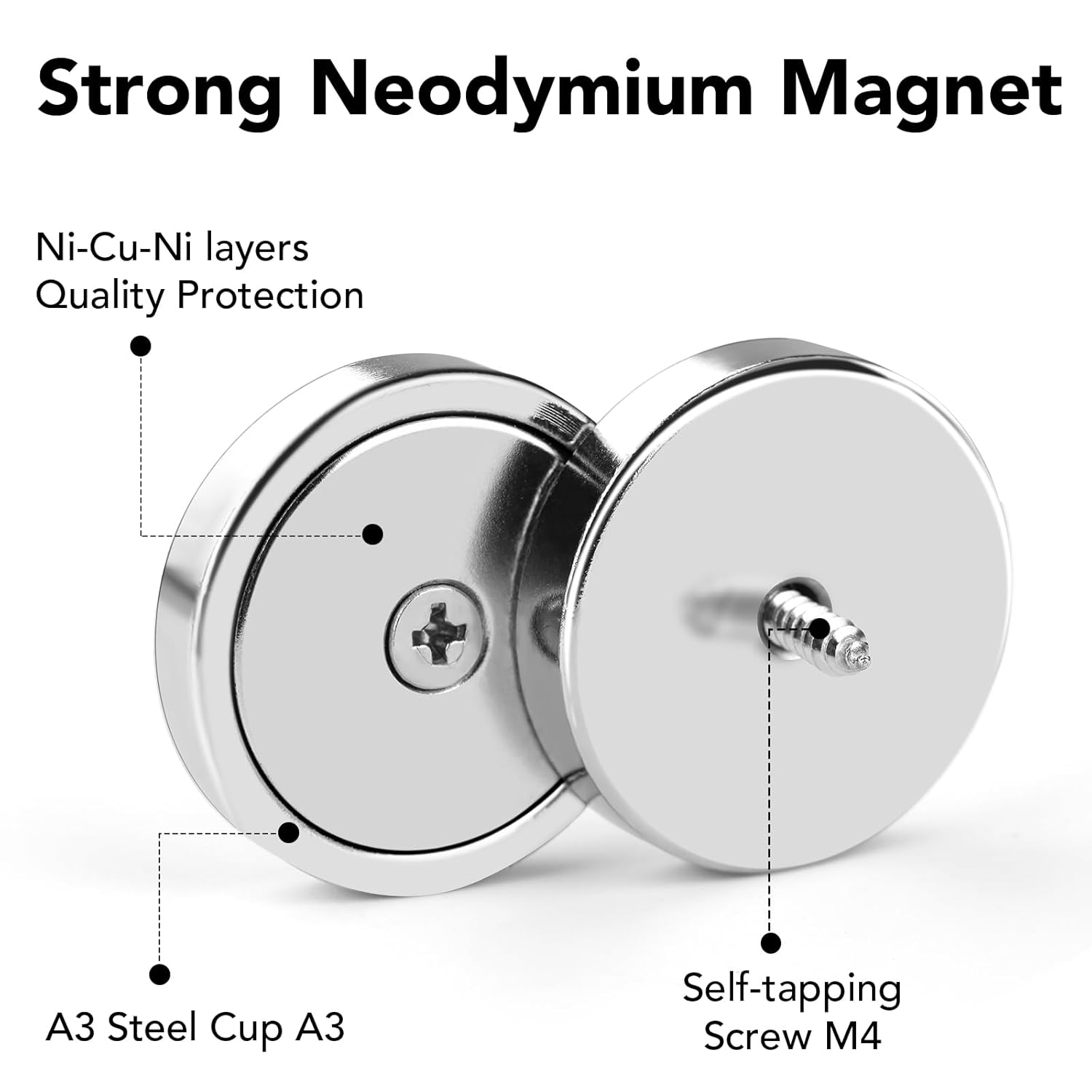 Strong Magnets, 150lb+ Waterproof Neodymium Cup Magnets with Screws for Wall Mounting,Rare Earth Magnet Holes Holding Tools Lifting, Hanging Silver, 6 Pack - 150lb