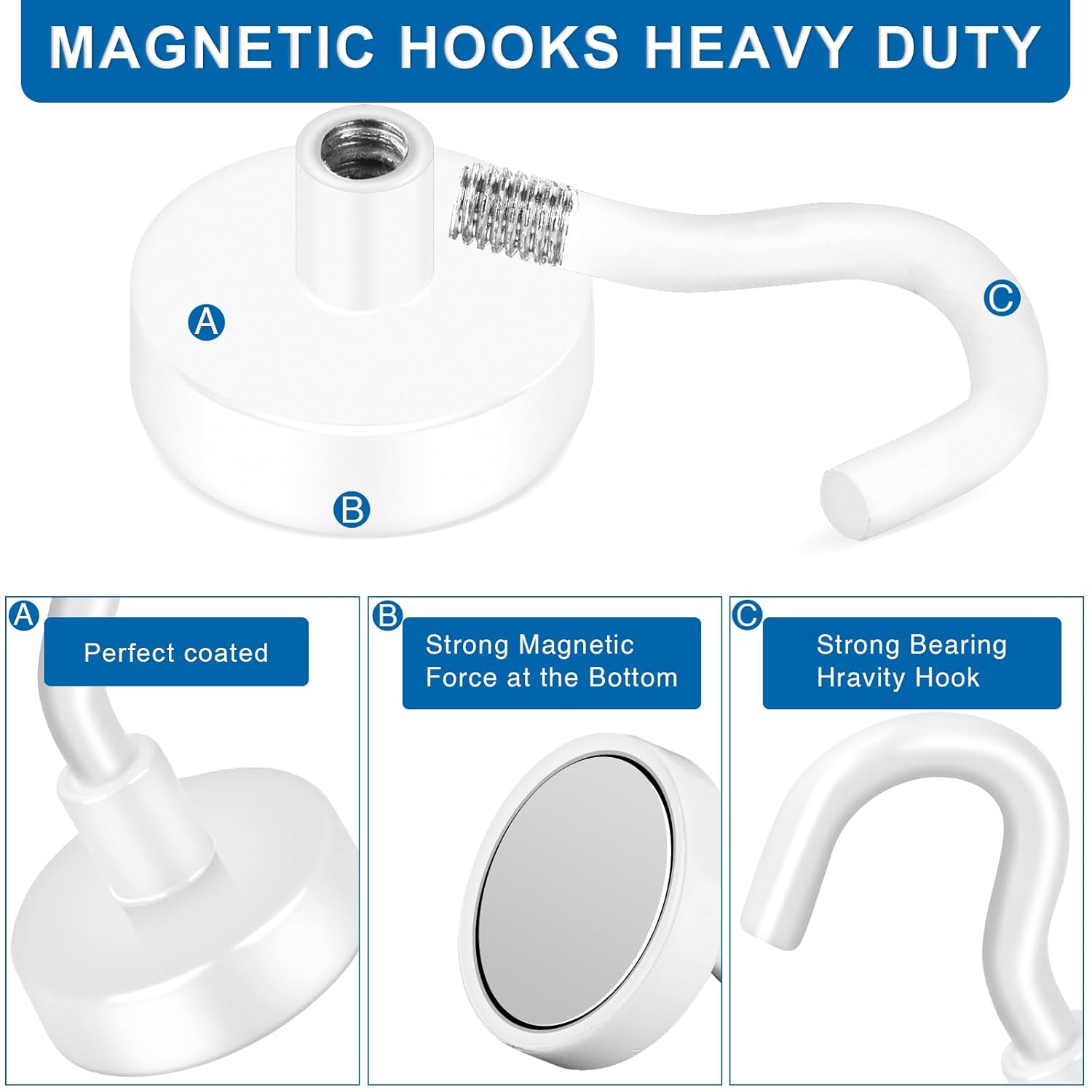 Cruise Essentials: 40Lbs White Magnets, Strong Magnetic Hooks for Hanging, 6 Pack -
