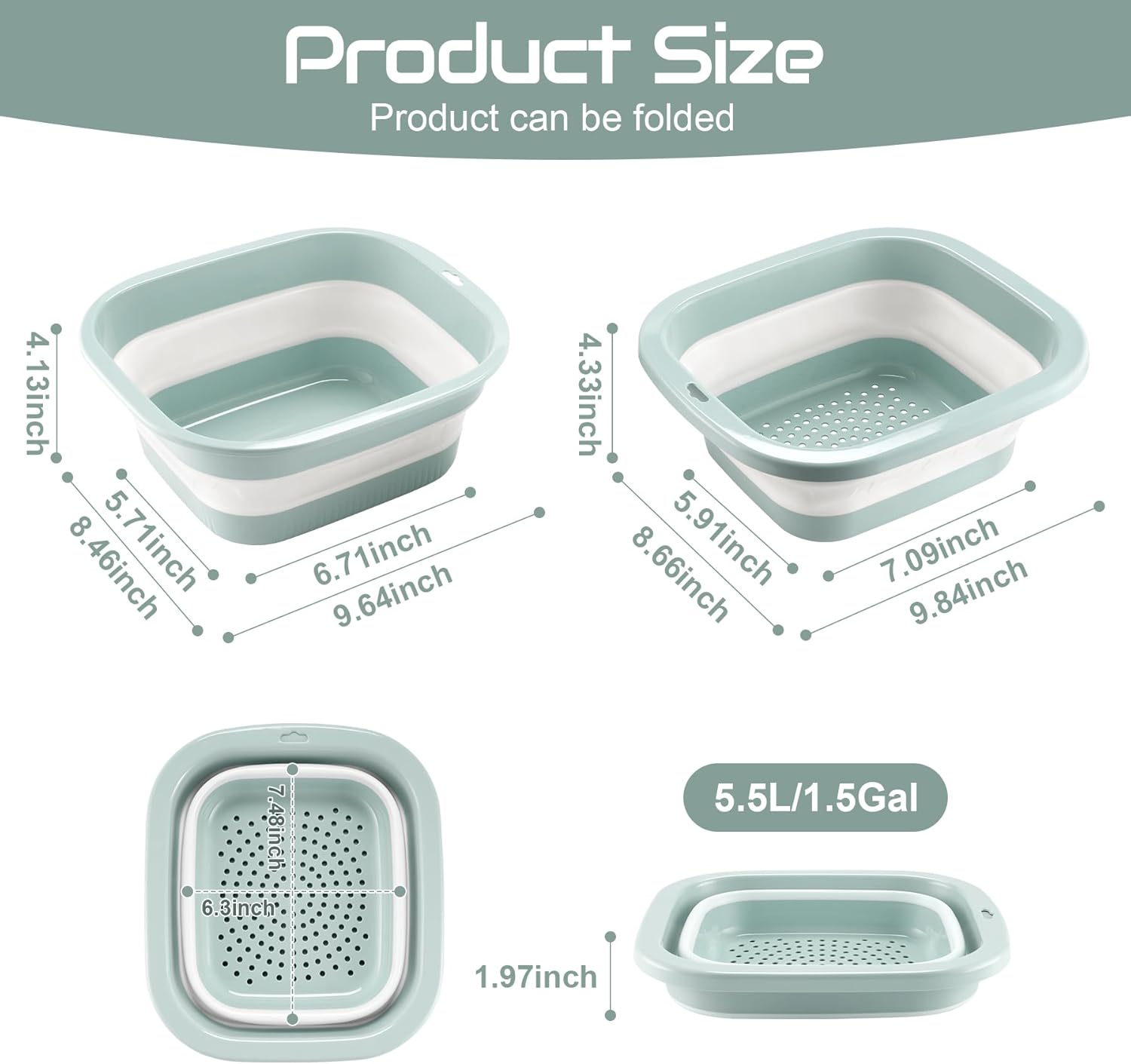 1.5 Gal 5.5L Collapsible Dish Basin with Drain Basket Colanders, Multiuse Double-Layer Foldable Strainers Sink Tub, Wash Pan, Plastic Tubs, Dishpan, Kitchen Sink, Green -