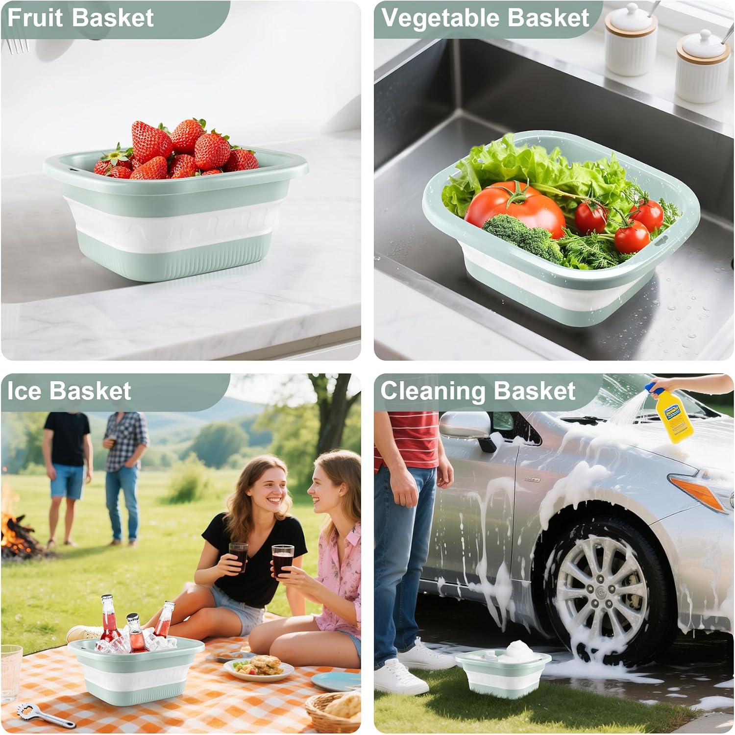 1.5 Gal 5.5L Collapsible Dish Basin with Drain Basket Colanders, Multiuse Double-Layer Foldable Strainers Sink Tub, Wash Pan, Plastic Tubs, Dishpan, Kitchen Sink, Green -