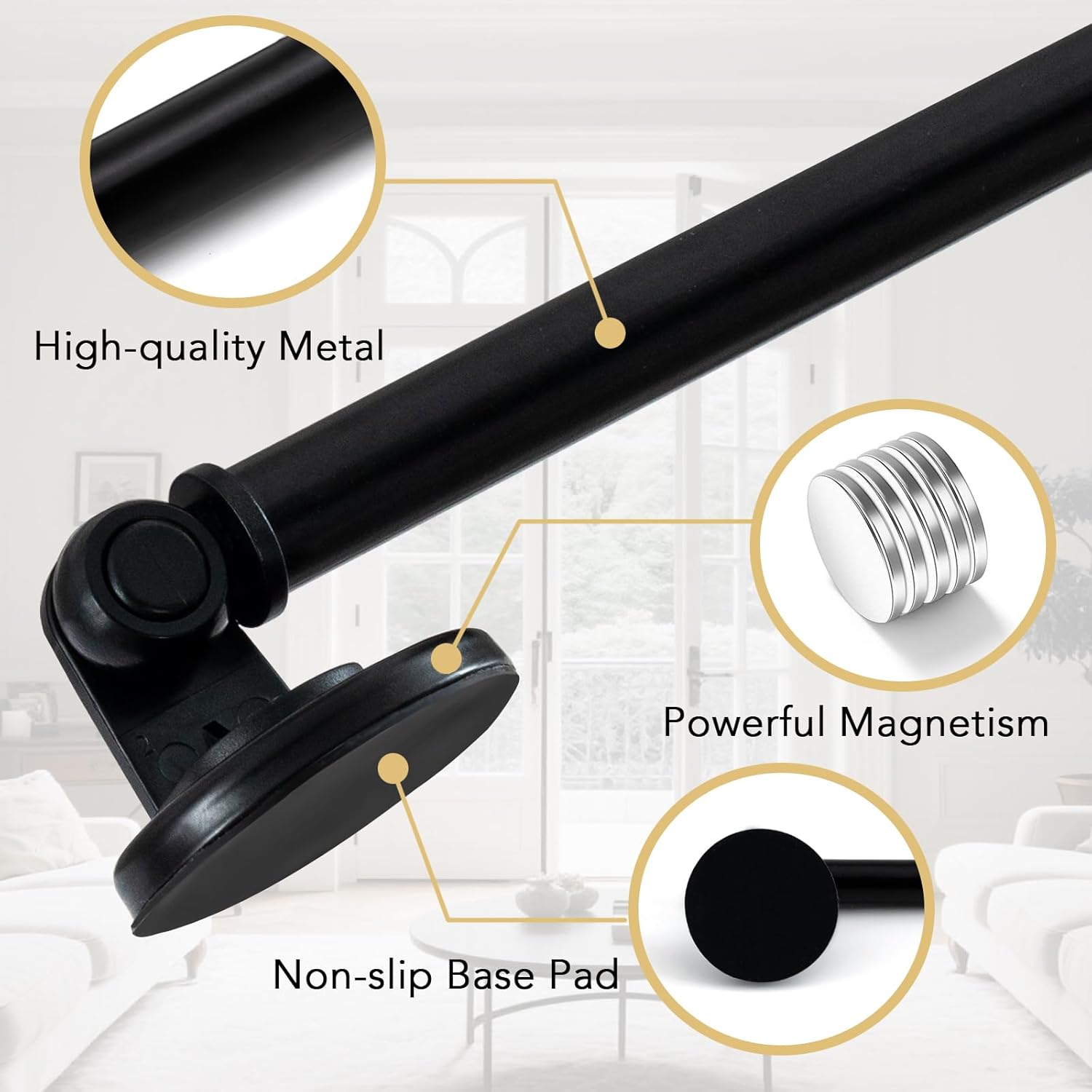 1 PACK Magnetic Curtain Rods for Metal Doors 16" to 28", 1/2 Inch Diameter Adjustable French Door Rod Classroom Whiteboard Cafe Towel Bar Holder, Black 16"-28"