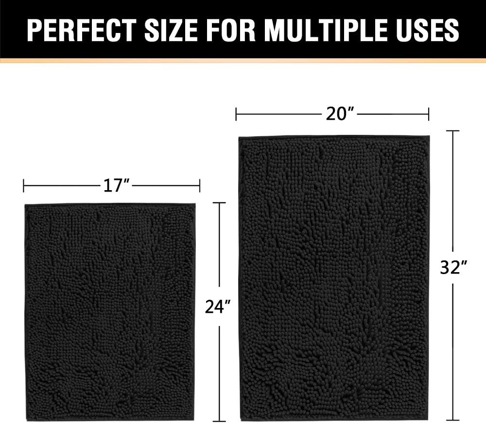 Black Bathroom Rug Set 2 Piece, Bath Mats for Floor, Super Thick Soft Shaggy Chenille Machine Washable, Dry Fast Water Absorbent Mats 20" x 32"/17" 24" 20" 32" Plus 17" 24"