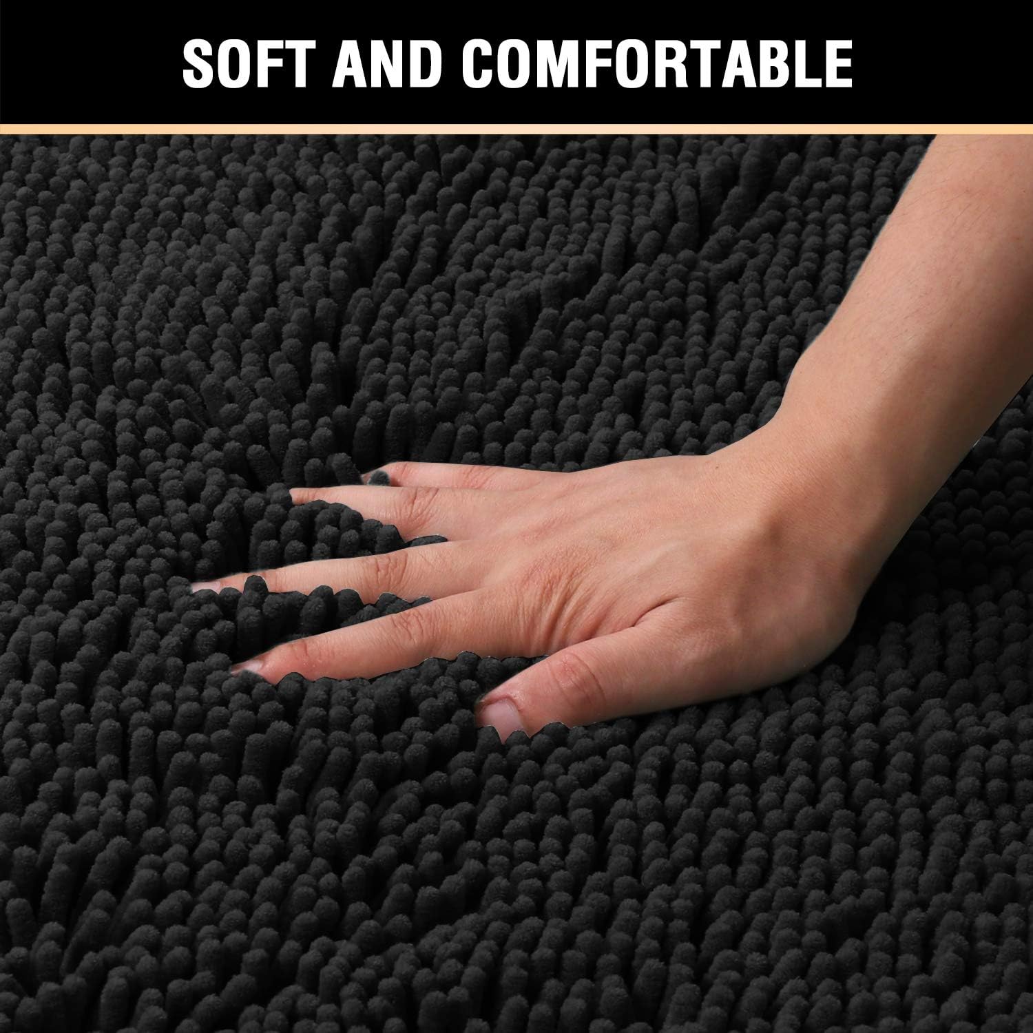 Black Bathroom Rug Set 2 Piece, Bath Mats for Floor, Super Thick Soft Shaggy Chenille Machine Washable, Dry Fast Water Absorbent Mats 20" x 32"/17" 24" 20" 32" Plus 17" 24"