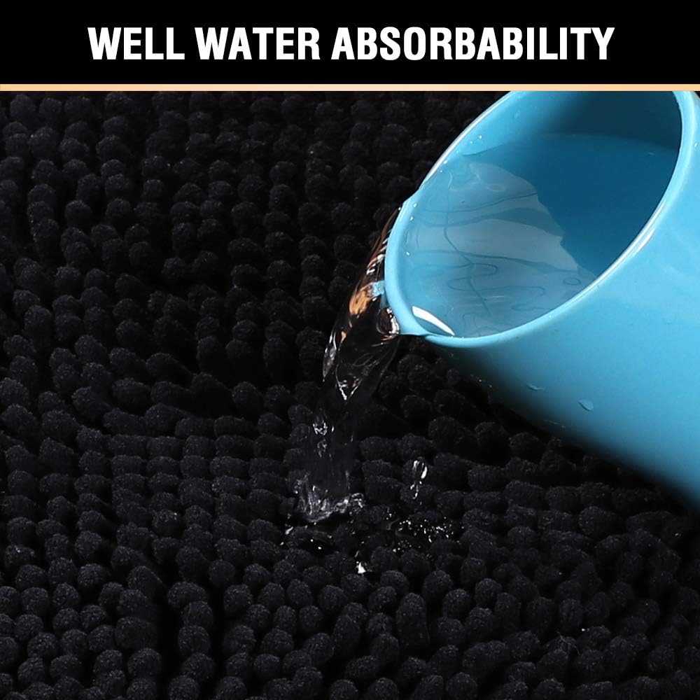 Black Bathroom Rug Set 2 Piece, Bath Mats for Floor, Super Thick Soft Shaggy Chenille Machine Washable, Dry Fast Water Absorbent Mats 20" x 32"/17" 24" 20" 32" Plus 17" 24"