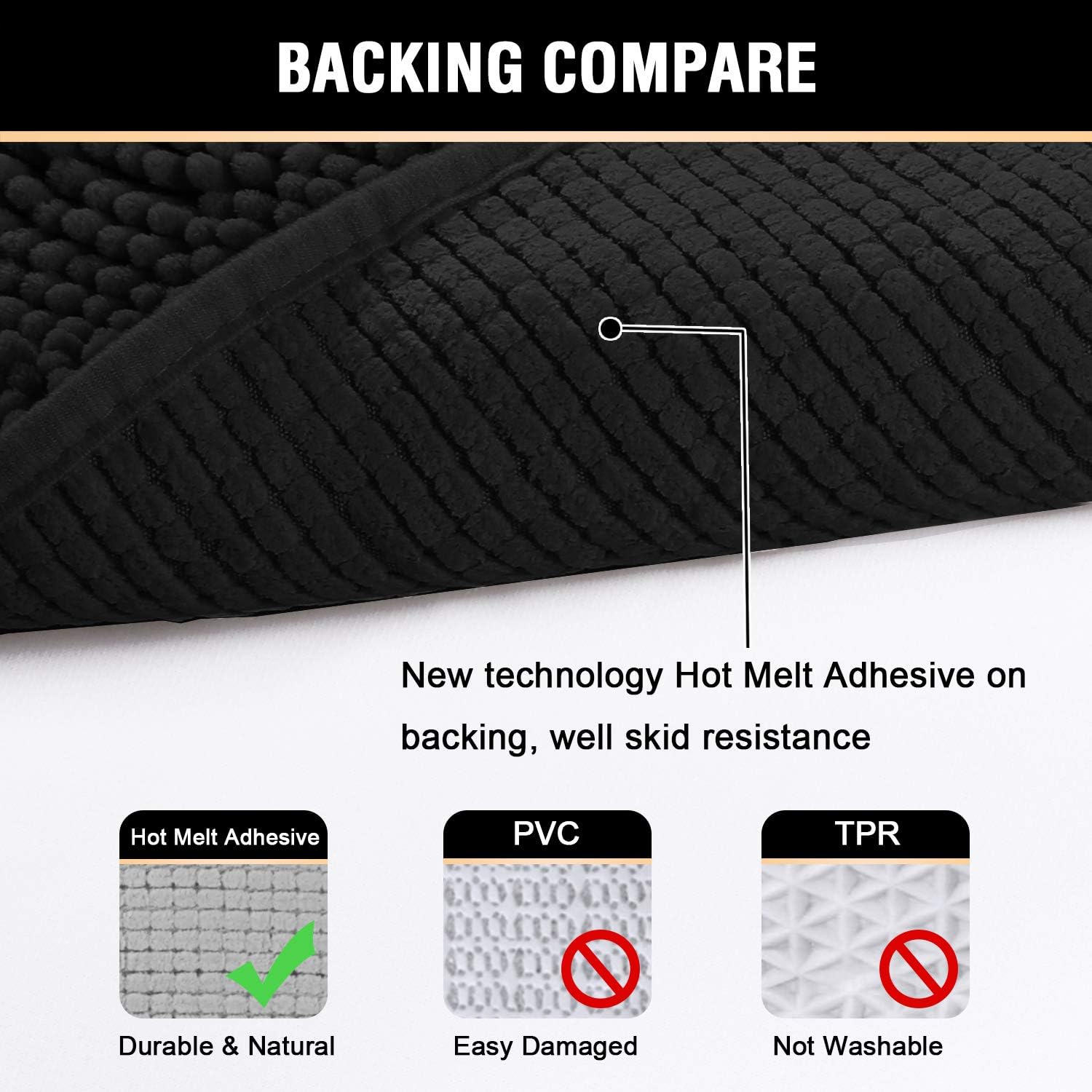 Black Bathroom Rug Set 2 Piece, Bath Mats for Floor, Super Thick Soft Shaggy Chenille Machine Washable, Dry Fast Water Absorbent Mats 20" x 32"/17" 24" 20" 32" Plus 17" 24"