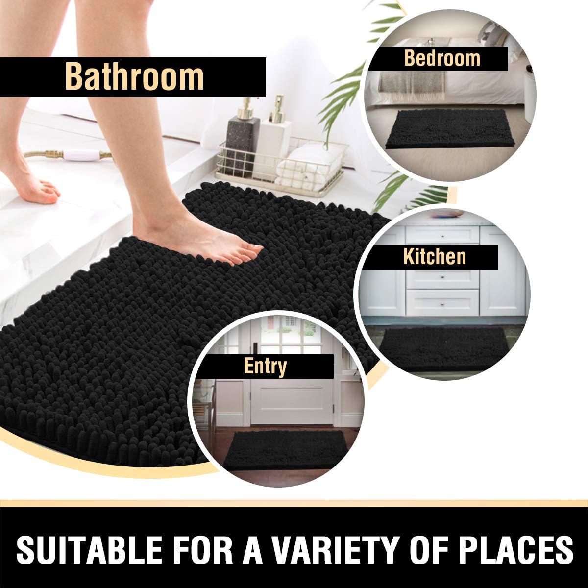 Black Bathroom Rug Set 2 Piece, Bath Mats for Floor, Super Thick Soft Shaggy Chenille Machine Washable, Dry Fast Water Absorbent Mats 20" x 32"/17" 24" 20" 32" Plus 17" 24"
