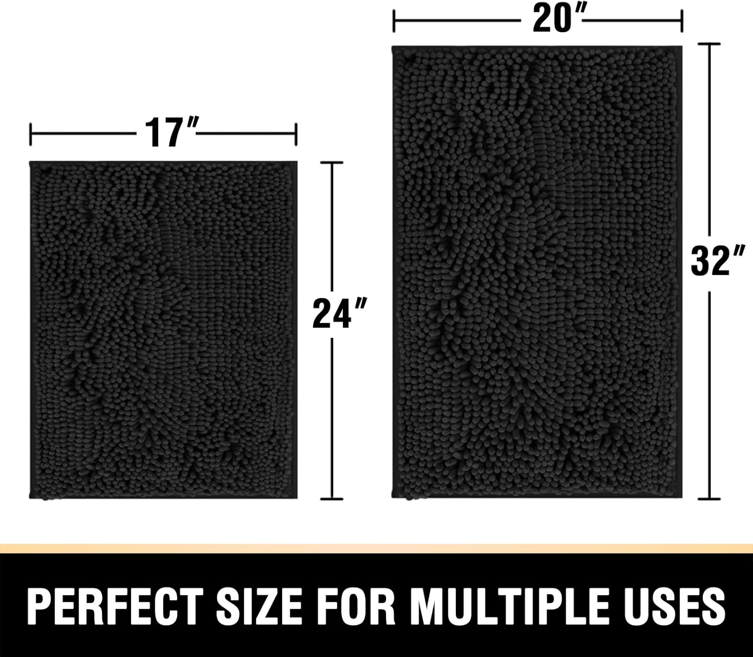 Black Bathroom Rug Set 2 Piece, Bath Mats for Floor, Super Thick Soft Shaggy Chenille Machine Washable, Dry Fast Water Absorbent Mats 20" x 32"/17" 24" 20" 32" Plus 17" 24"