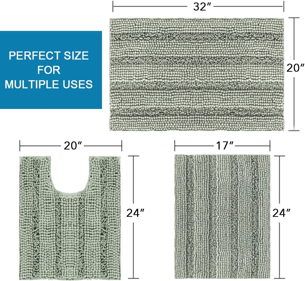 3 Piece Bathroom Rugs Sets Thick Striped Bath Set for Non Slip Soft Absorbent Mat Tub, Shower and Toilet 17''x24''+20''x32''+20''x24'' U-Shaped, Sage Sage 17" x 24" + 20" 32" U Shape
