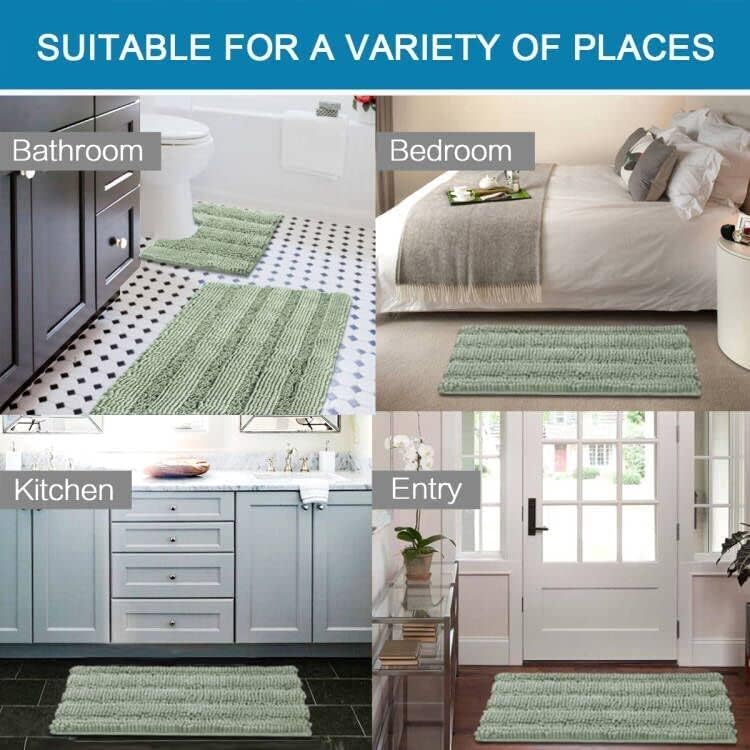 3 Piece Bathroom Rugs Sets Thick Striped Bath Set for Non Slip Soft Absorbent Mat Tub, Shower and Toilet 17''x24''+20''x32''+20''x24'' U-Shaped, Sage Sage 17" x 24" + 20" 32" U Shape