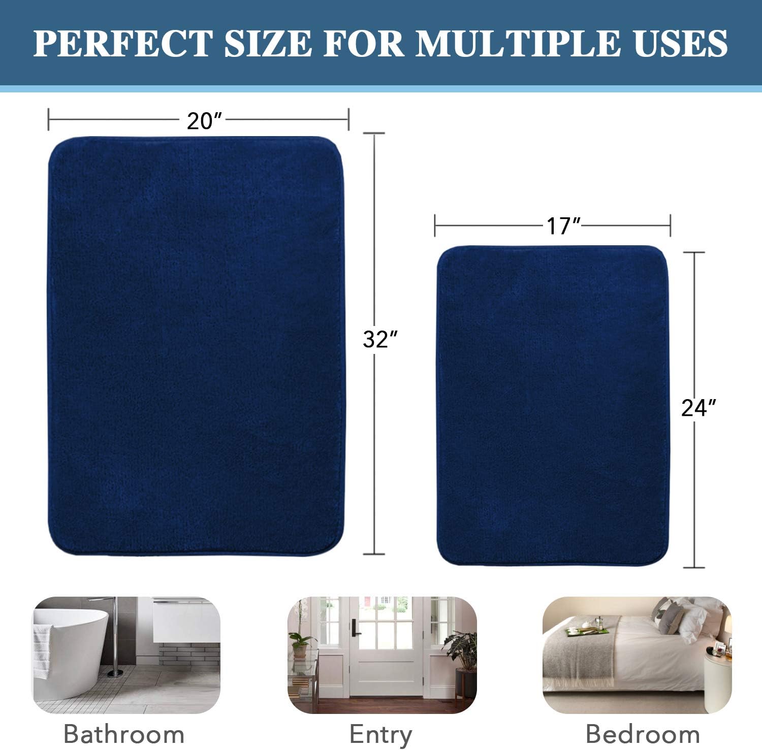 Bath Mat Memory Foam Set Bathroom Rug Flannel Velvety Luxury Extra Soft and Absorbent Non Slip Rugs for Bathroom/Bedroom Washable 2 Pack- 20"x 32"/ 17"x 24", Navy Navy 20" x 32" Plus 17" 24"