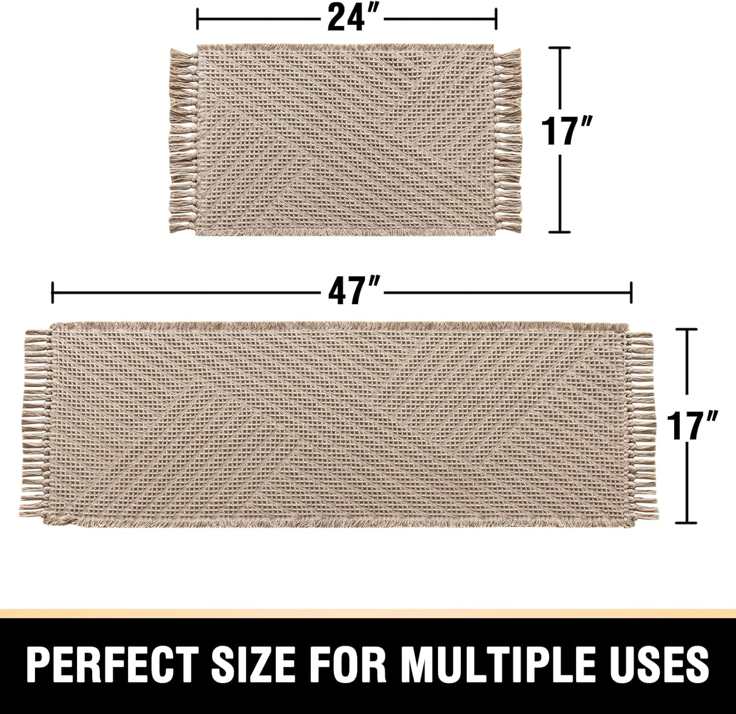 Waffle Bath Mat Super Absorbent Boho Non Slip Rugs for Bathroom Floor Machine Washable Dry Fast with Tassels 47 x 17 Plus 24 Inches, Irish Cream Cream 47" 17" 24"