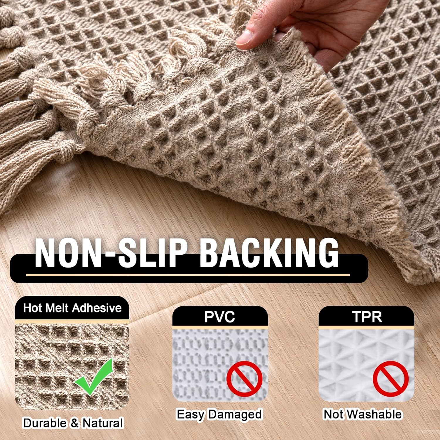 Waffle Bath Mat Super Absorbent Boho Non Slip Rugs for Bathroom Floor Machine Washable Dry Fast with Tassels 47 x 17 Plus 24 Inches, Irish Cream Cream 47" 17" 24"