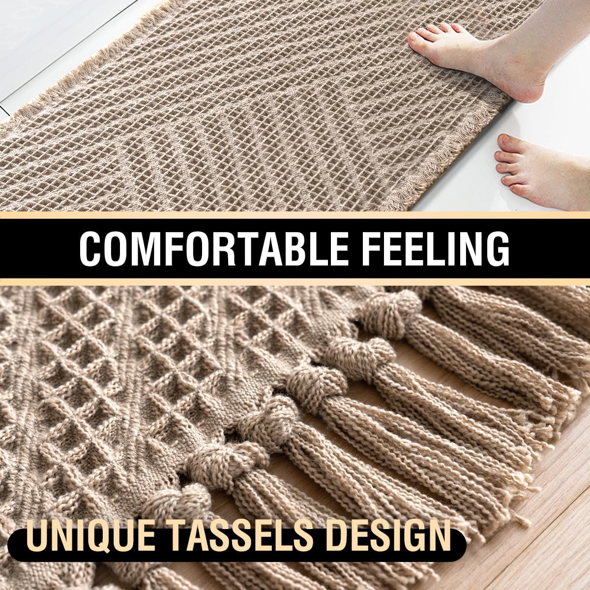 Waffle Bath Mat Super Absorbent Boho Non Slip Rugs for Bathroom Floor Machine Washable Dry Fast with Tassels 47 x 17 Plus 24 Inches, Irish Cream Cream 47" 17" 24"