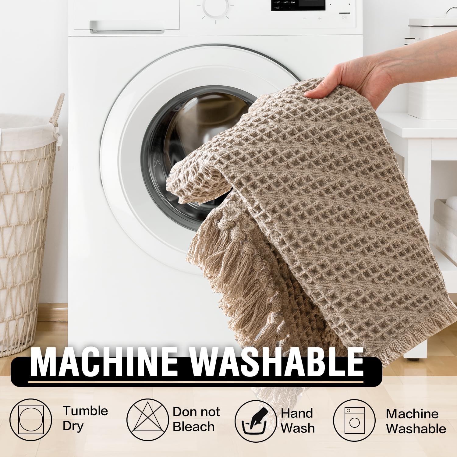 Waffle Bath Mat Super Absorbent Boho Non Slip Rugs for Bathroom Floor Machine Washable Dry Fast with Tassels 47 x 17 Plus 24 Inches, Irish Cream Cream 47" 17" 24"