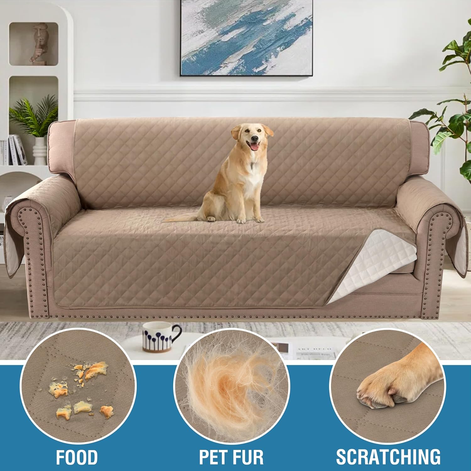 Sofa Cover, 100% Waterproof Slipcover Furniture Protector, Washable Couch Cover with Non-Skid Backing and Elastic Straps for Kids, Dogs, Pets Sofa, French Oak Oak