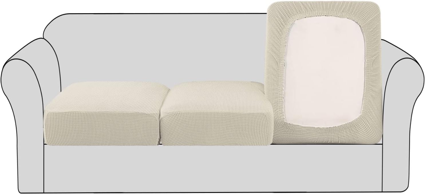 High Stretch Individual Seat Cushion Covers Sofa Slipcovers Couch Featuring Jacquard Textured Twill Fabric 3 Pack for 3 Sofa, Natural, Large Natural -