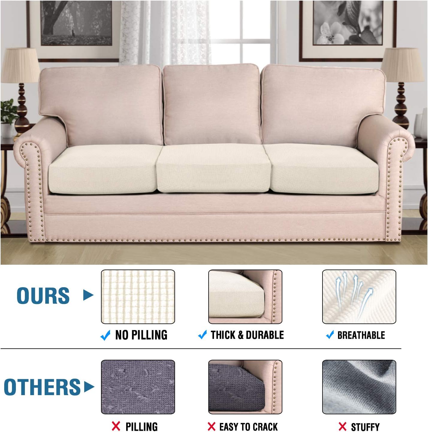 High Stretch Individual Seat Cushion Covers Sofa Slipcovers Couch Featuring Jacquard Textured Twill Fabric 3 Pack for 3 Sofa, Natural, Large Natural -