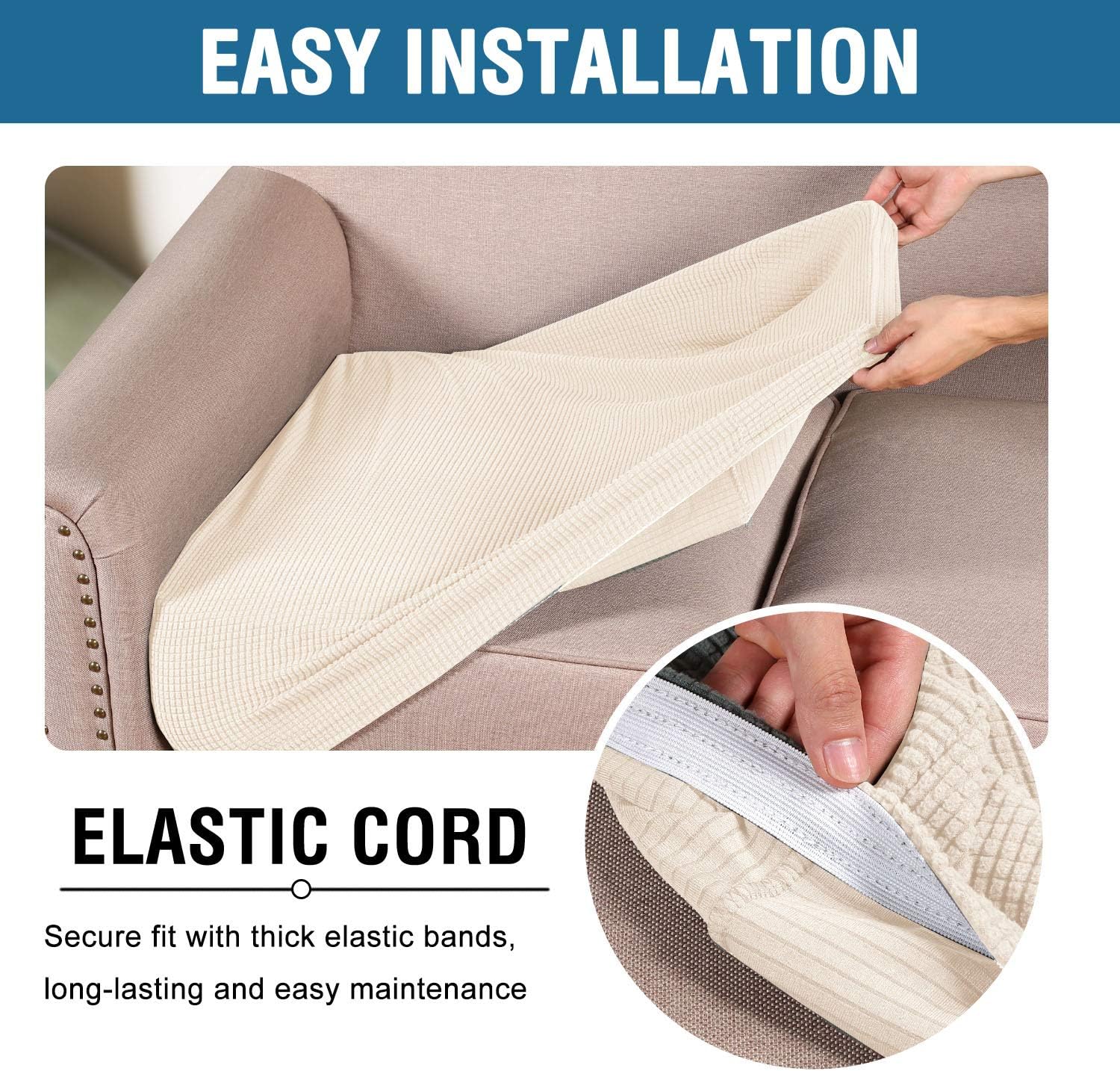 High Stretch Individual Seat Cushion Covers Sofa Slipcovers Couch Featuring Jacquard Textured Twill Fabric 3 Pack for 3 Sofa, Natural, Large Natural -