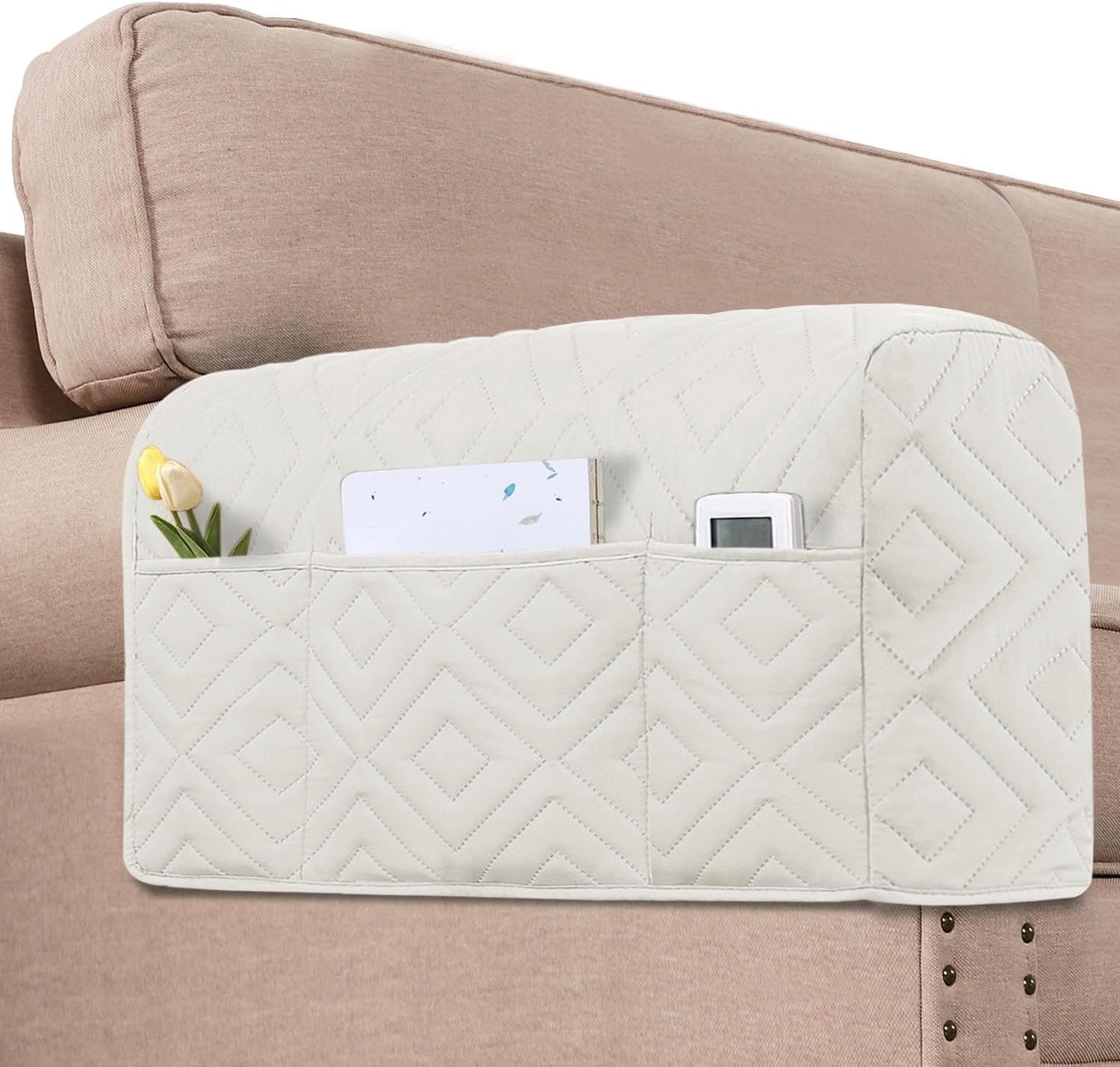 Armrest Covers for Sofa Water Resistant Couch Arm Remote Control Holder Organizer Magazine, Tablet, Phone, iPad Set of 2, Ivory/Beige Double Diamond-ivory/Beige -