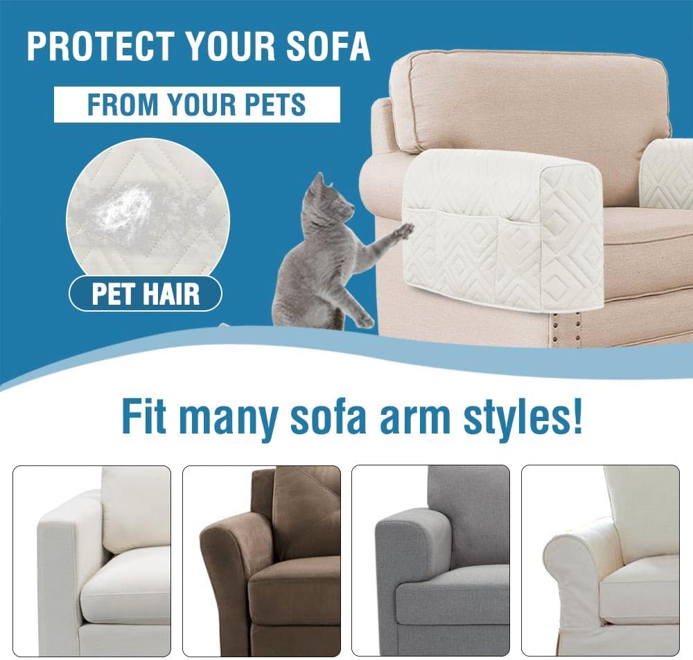 Armrest Covers for Sofa Water Resistant Couch Arm Remote Control Holder Organizer Magazine, Tablet, Phone, iPad Set of 2, Ivory/Beige Double Diamond-ivory/Beige -
