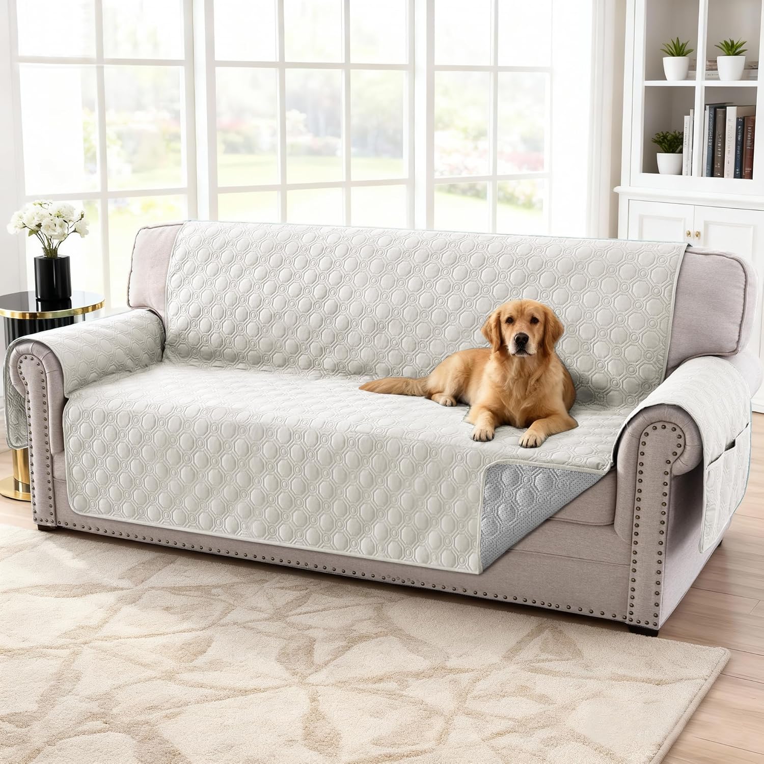 100% Waterproof Couch Cover for 3 Cushion Sofa Washable Pet Friendly with Elastic Straps Thick Durable Storage Pocket XL Sofa, Beige Beige 78"-X-Large