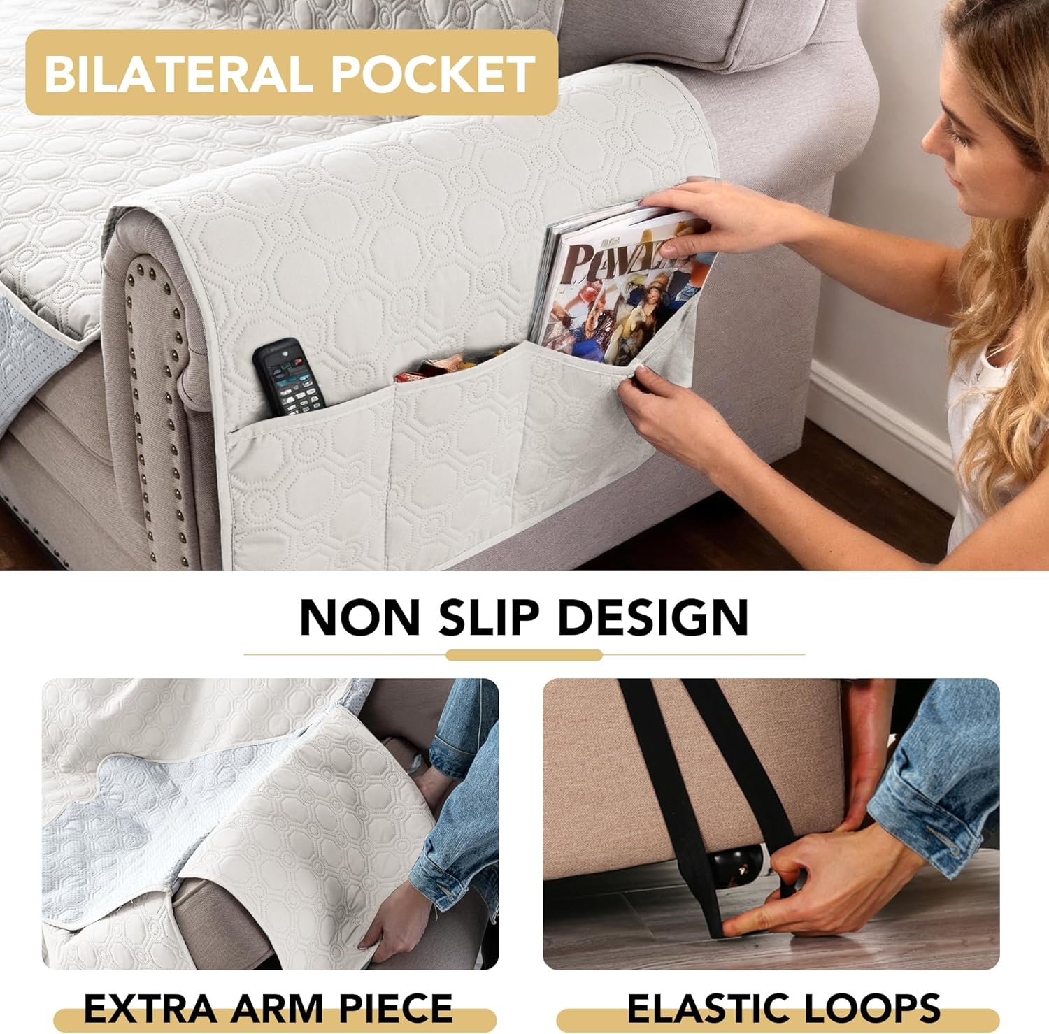 100% Waterproof Couch Cover for 3 Cushion Sofa Washable Pet Friendly with Elastic Straps Thick Durable Storage Pocket XL Sofa, Beige Beige 78"-X-Large