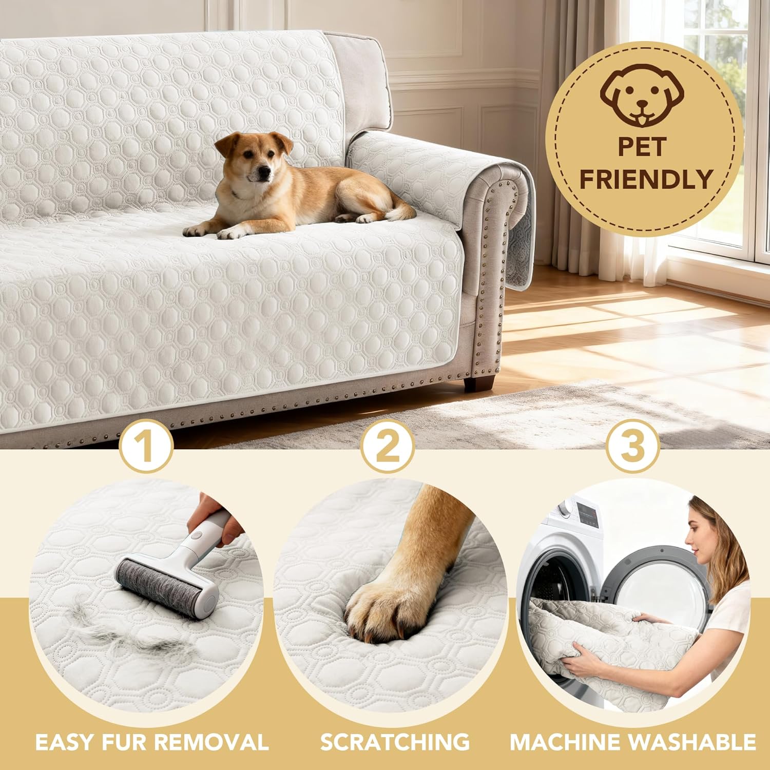 100% Waterproof Couch Cover for 3 Cushion Sofa Washable Pet Friendly with Elastic Straps Thick Durable Storage Pocket XL Sofa, Beige Beige 78"-X-Large