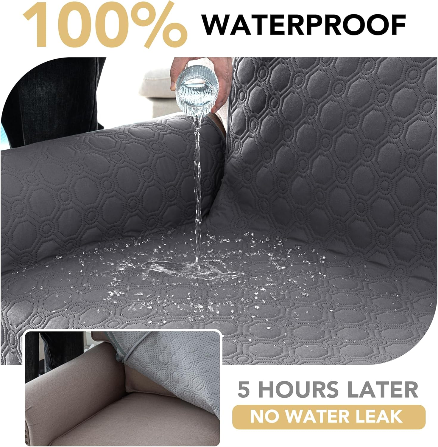 100% Waterproof Recliner Chair Covers, Covers Non-Slip Stay in Place, Thick Cover for with Pocket, Dog Couch Protector Washable Grey, 23" Gray 23"