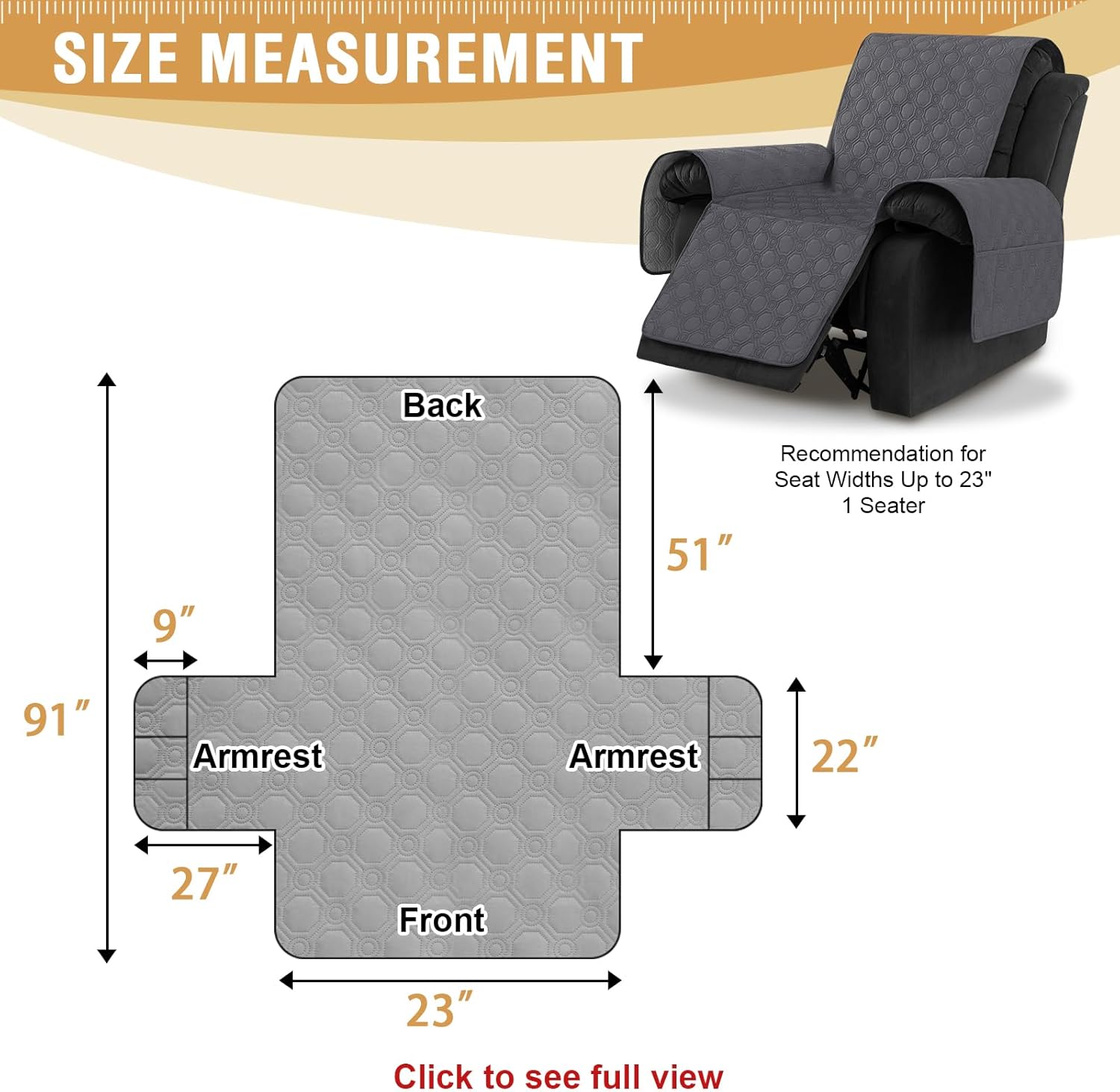 100% Waterproof Recliner Chair Covers, Covers Non-Slip Stay in Place, Thick Cover for with Pocket, Dog Couch Protector Washable Grey, 23" Gray 23"