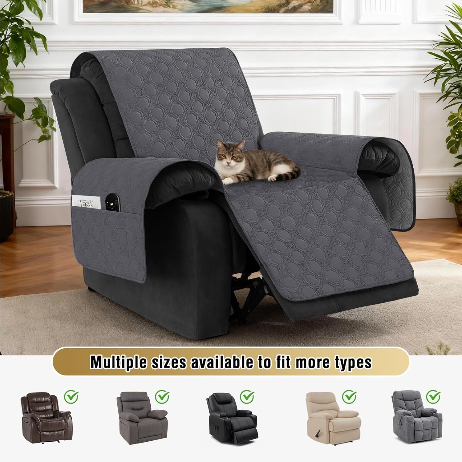 100% Waterproof Recliner Chair Covers, Covers Non-Slip Stay in Place, Thick Cover for with Pocket, Dog Couch Protector Washable Grey, 23" Gray 23"