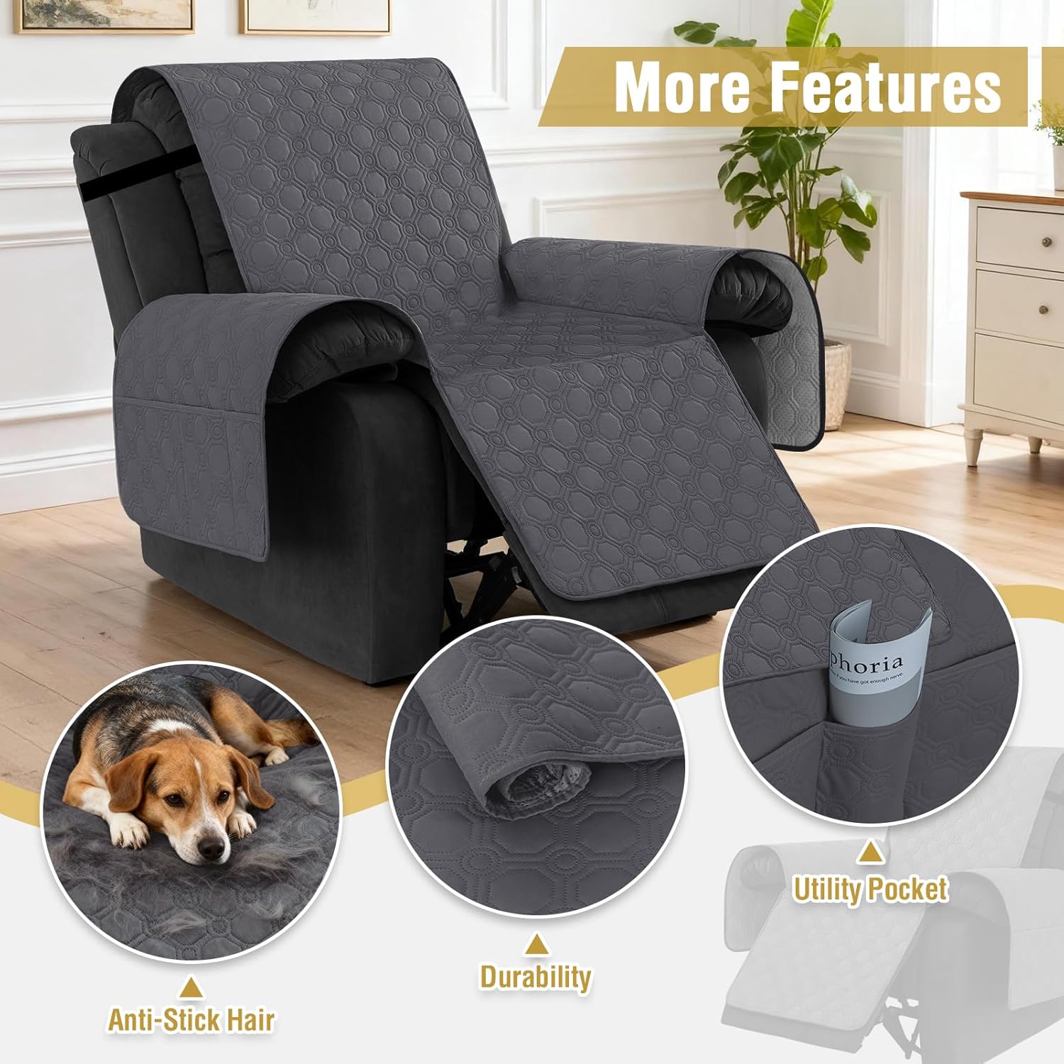 100% Waterproof Recliner Chair Covers, Covers Non-Slip Stay in Place, Thick Cover for with Pocket, Dog Couch Protector Washable Grey, 23" Gray 23"