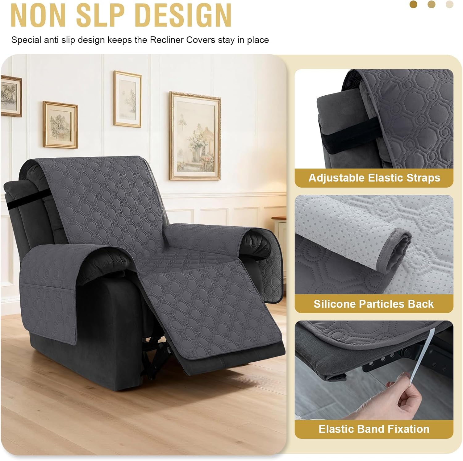 100% Waterproof Recliner Chair Covers, Covers Non-Slip Stay in Place, Thick Cover for with Pocket, Dog Couch Protector Washable Grey, 23" Gray 23"