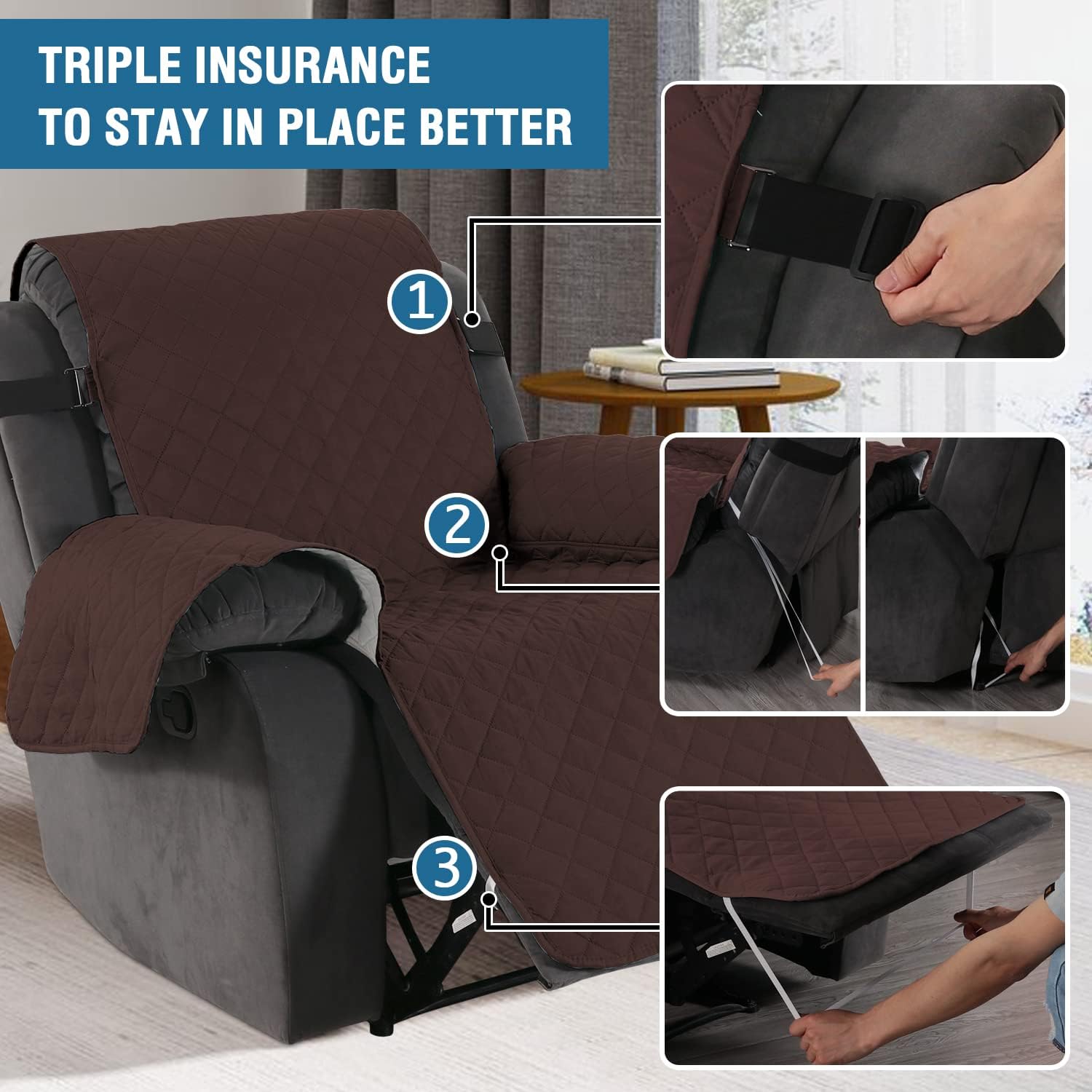 Reversible Quilted Recliner Covers Chair Cover Water Resistant Furniture Protector Washable Couch with Elastic Straps for Kids, Pets Recliner, Brown/Beige Brown/Beige 79" x 68"