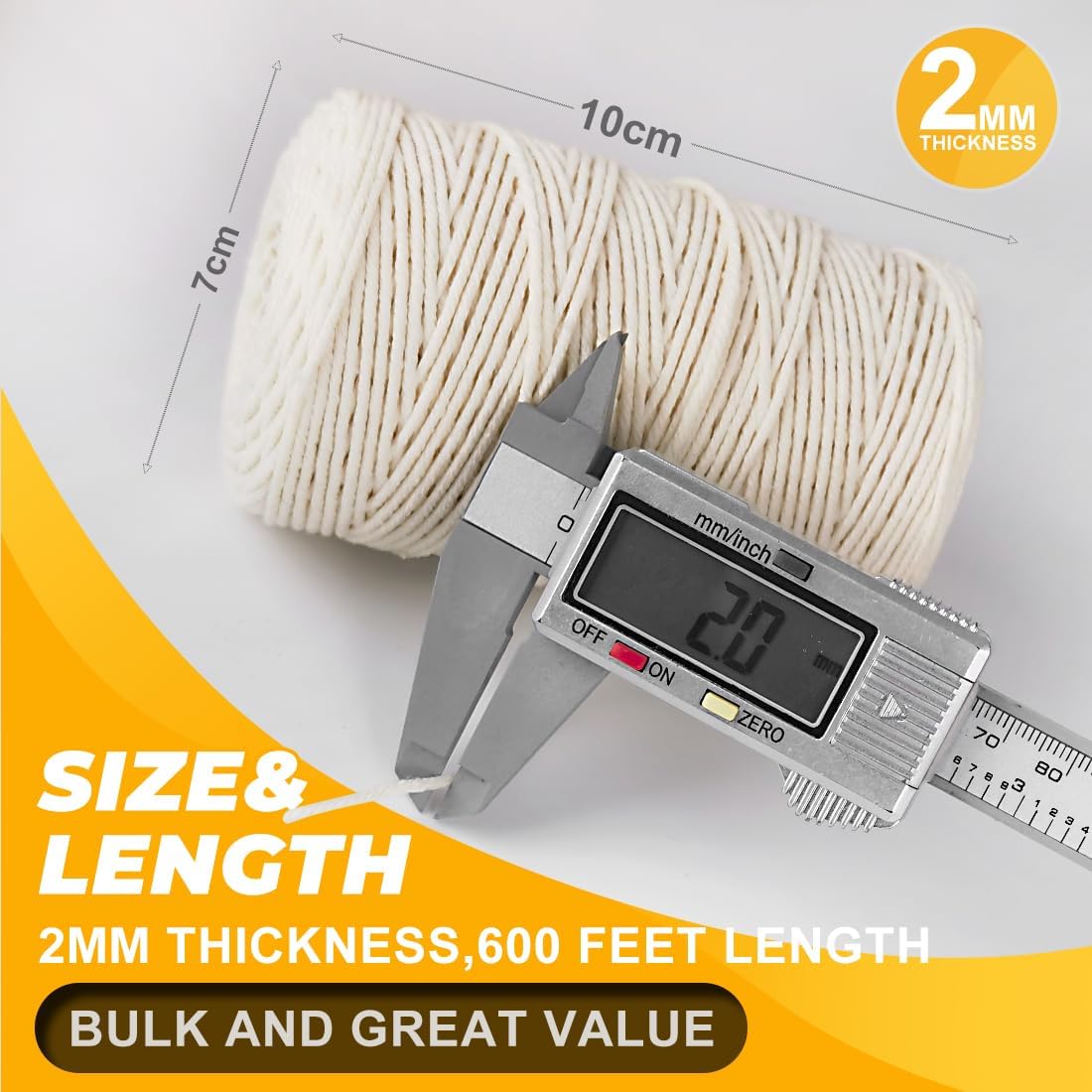 1,200ft 600ft x 2Rolls Butchers Twine 2mm Cotton String for Cooking Kitchen Meat Turkey Sausage Roasting Baking Gift Wrapping DIY Crafts Crocheting Knitting Naturalwhite X 600 Feet / Pc 2 Pcs