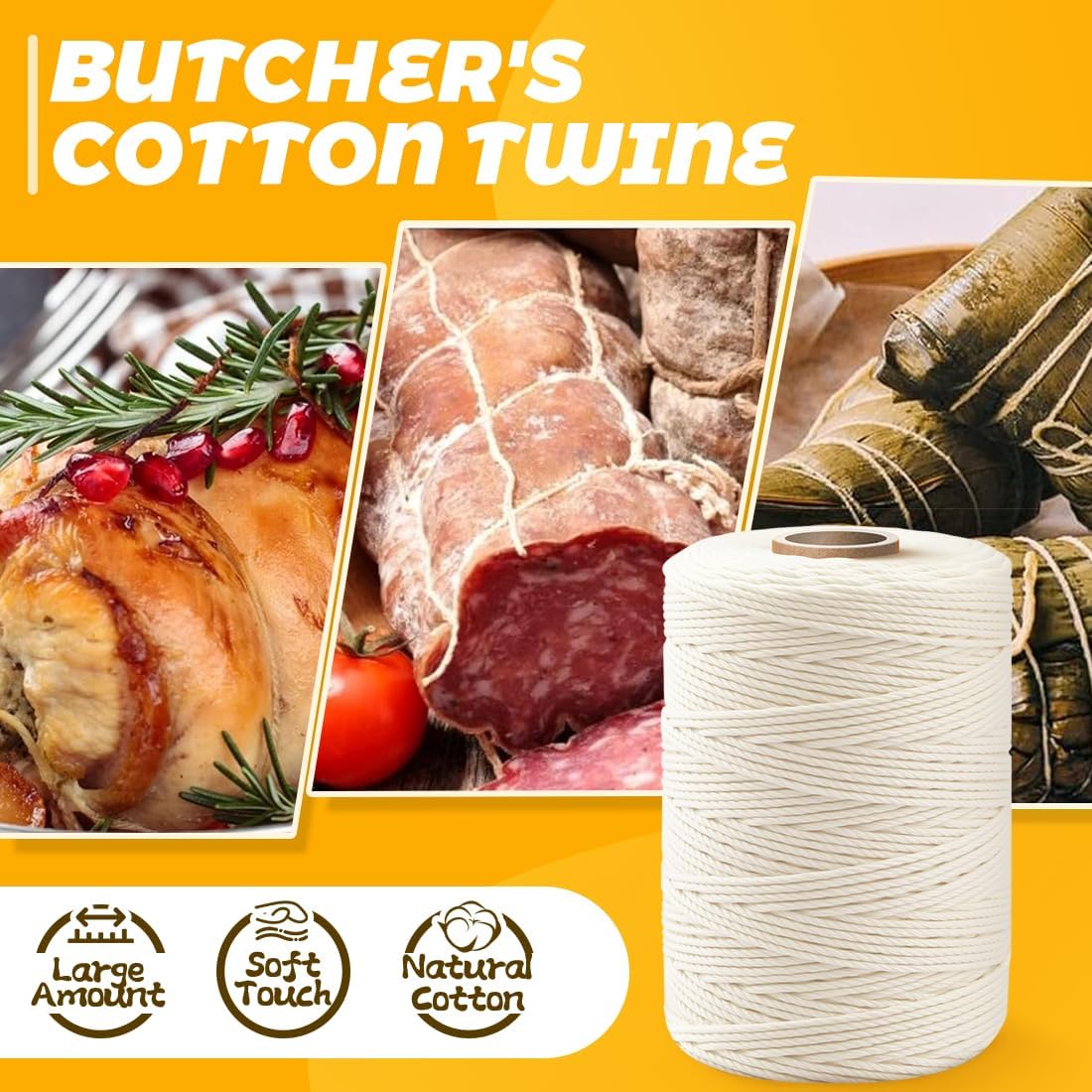 1,200ft 600ft x 2Rolls Butchers Twine 2mm Cotton String for Cooking Kitchen Meat Turkey Sausage Roasting Baking Gift Wrapping DIY Crafts Crocheting Knitting Naturalwhite X 600 Feet / Pc 2 Pcs
