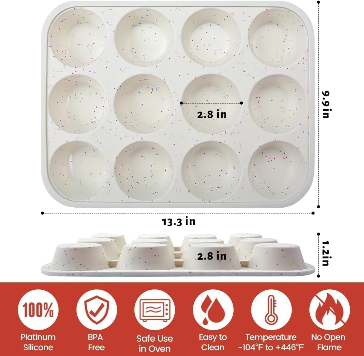 Silicone Muffin Pan, Metal Reinforced Frame Cupcake Pan 12 Cups Regular Size Easy to Move in or Out of Oven Non-Stick 2 Confetti: 2pcs -