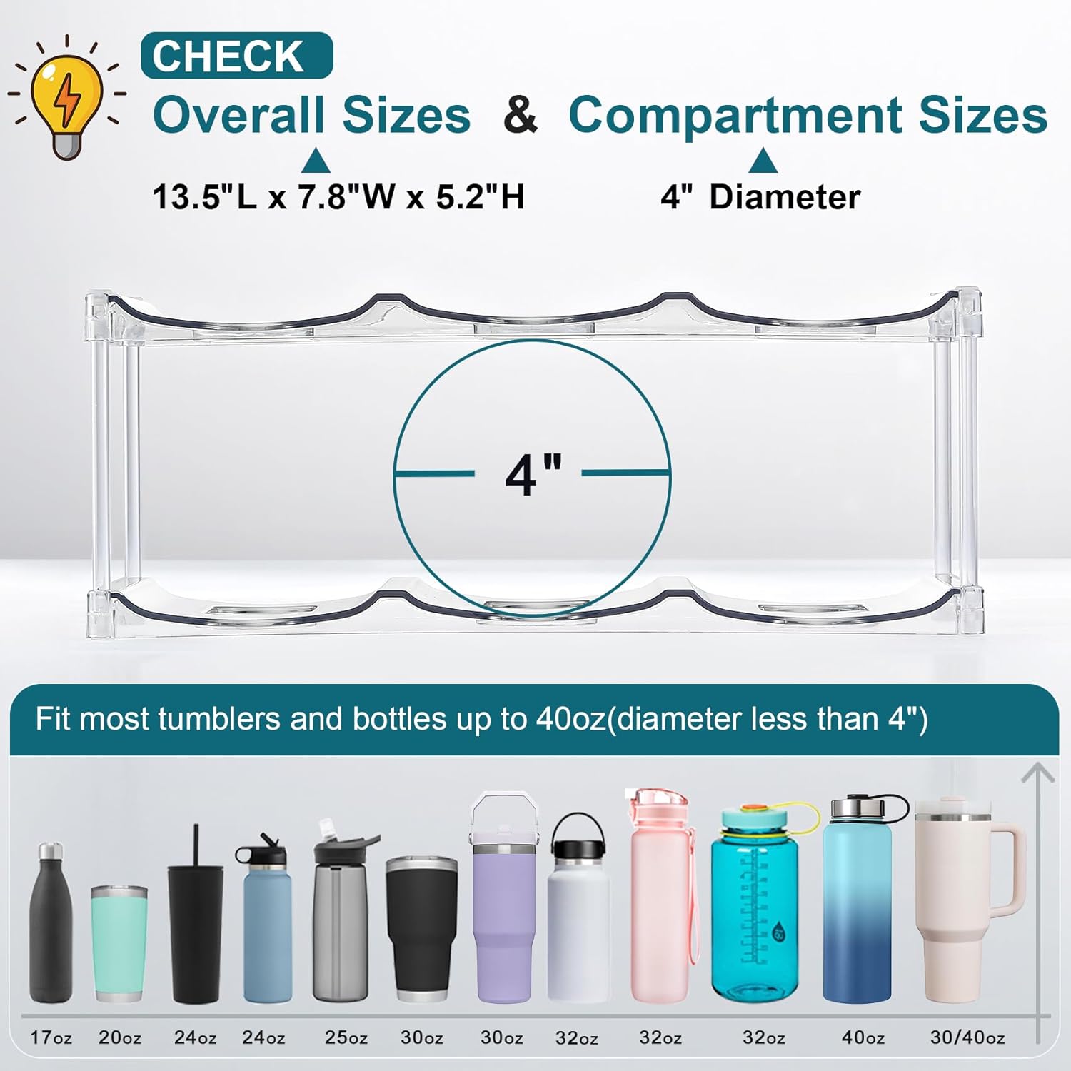 LARGER Compartment - Stackable Water Bottle Organizer Holder for Stanley & Others' Large Tumbler Clear Wine Rack, Cup Cabinet Home Countertop Fridge Pantry Shelf, 3 Tier Hold 9