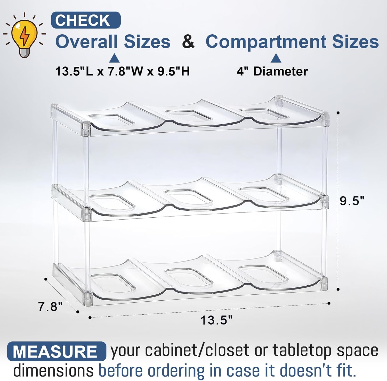 LARGER Compartment - Stackable Water Bottle Organizer Holder for Stanley & Others' Large Tumbler Clear Wine Rack, Cup Cabinet Home Countertop Fridge Pantry Shelf, 3 Tier Hold 9