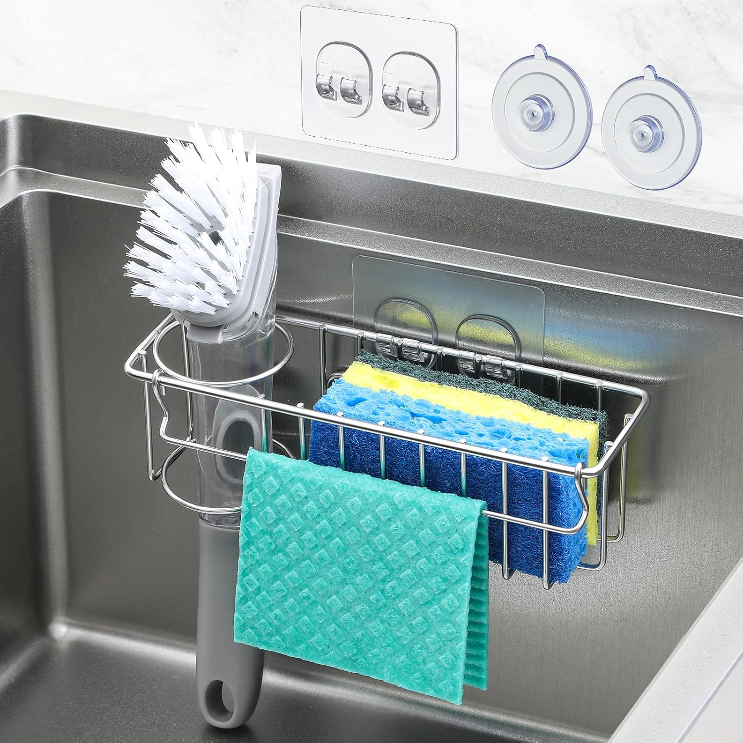 3-In-1 Sponge Holder for Kitchen Sink with Suction Cups & Adhesive Hook , In-sink Holder, Wall Hanging Caddy Organizer Rack - Sponge, Dish Cloth, Brush, Scrubber 304 Stainless Steel Silver 3-in-1