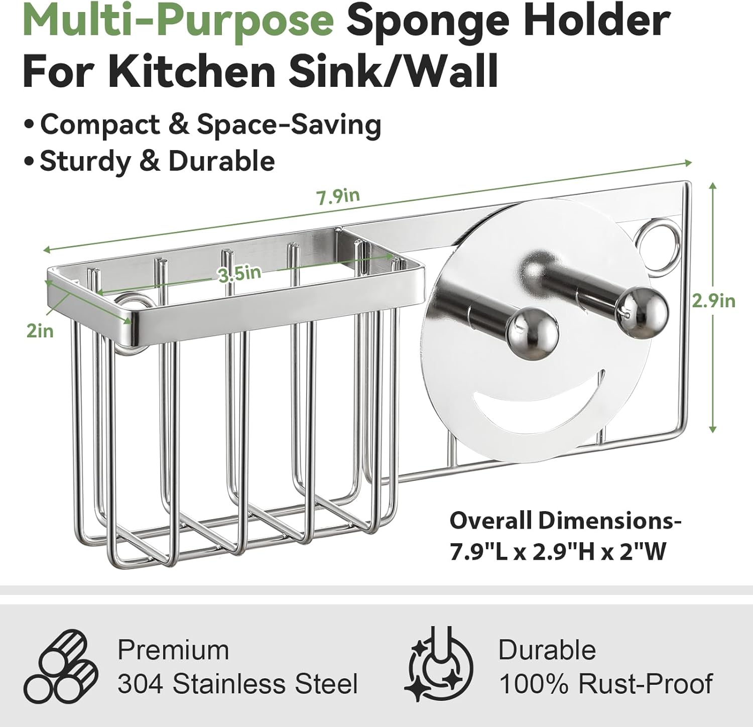 Slim & Space-saving Sponge Holder for Kitchen Sink, Caddy Scrub Daddy / Mommy Smiley Face, Sink Organizer Accessories Dish Brush, Scrubber -with 2 Suction Cups 1 Adhesive Hook Silver -