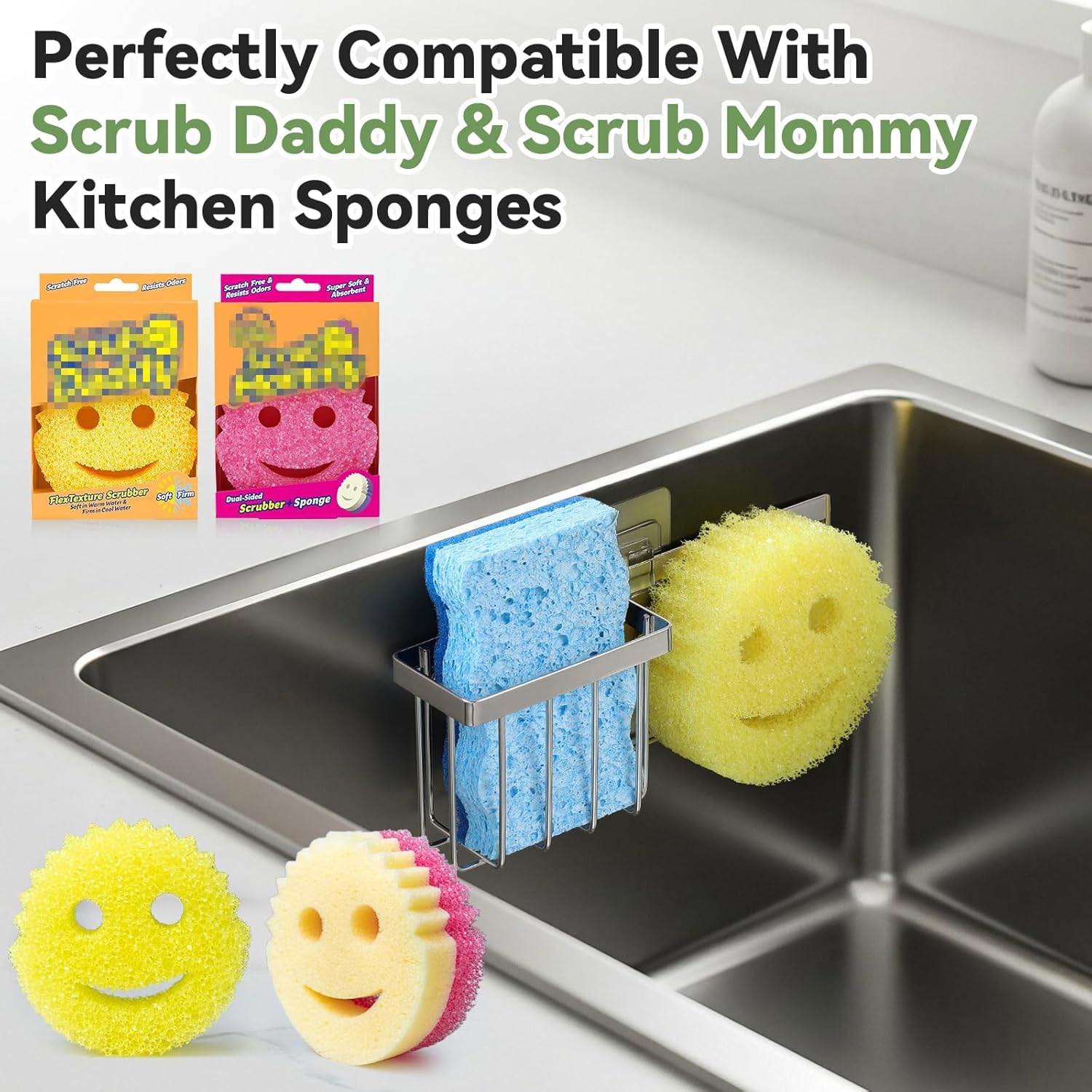 Slim & Space-saving Sponge Holder for Kitchen Sink, Caddy Scrub Daddy / Mommy Smiley Face, Sink Organizer Accessories Dish Brush, Scrubber -with 2 Suction Cups 1 Adhesive Hook Silver -