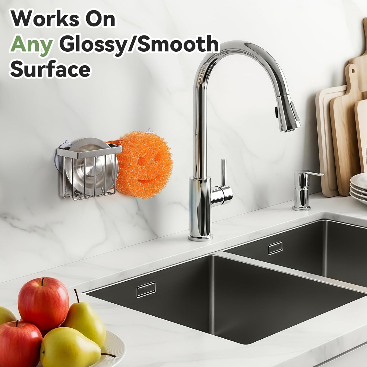 Slim & Space-saving Sponge Holder for Kitchen Sink, Caddy Scrub Daddy / Mommy Smiley Face, Sink Organizer Accessories Dish Brush, Scrubber -with 2 Suction Cups 1 Adhesive Hook Silver -