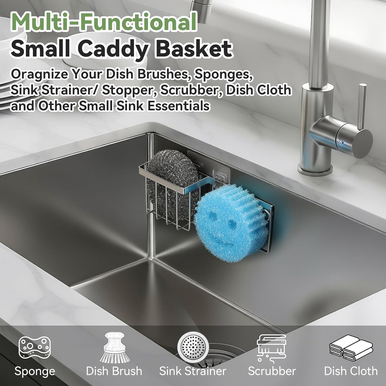 Slim & Space-saving Sponge Holder for Kitchen Sink, Caddy Scrub Daddy / Mommy Smiley Face, Sink Organizer Accessories Dish Brush, Scrubber -with 2 Suction Cups 1 Adhesive Hook Silver -