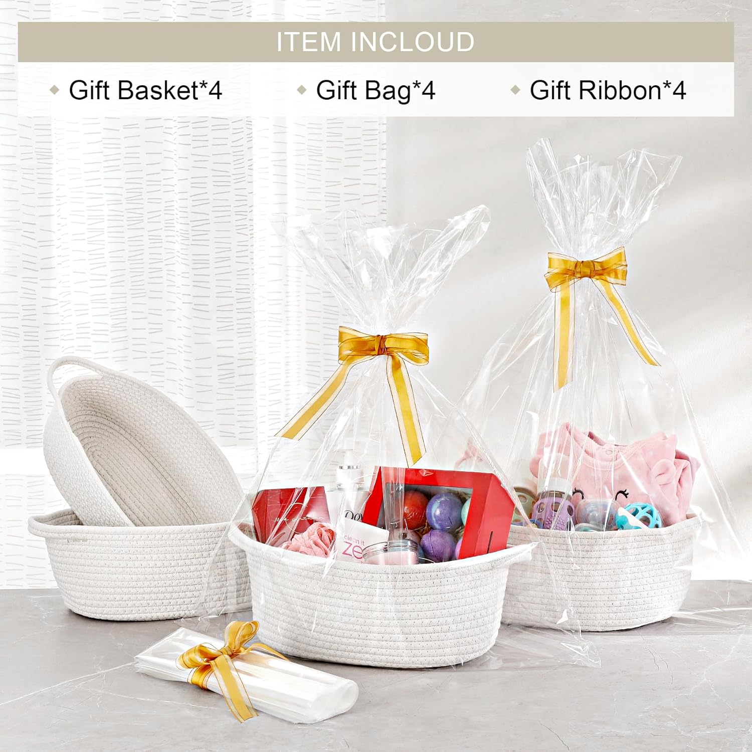 4 Pack Small Woven Basket with Handles, All 12"x 8"x 5", Cotton Rope Room Shelf Storage Basket, Cat Toys, Cute Baby Gift Bags and Ribbons for Nursery, Empty Decorative Chest Box White -