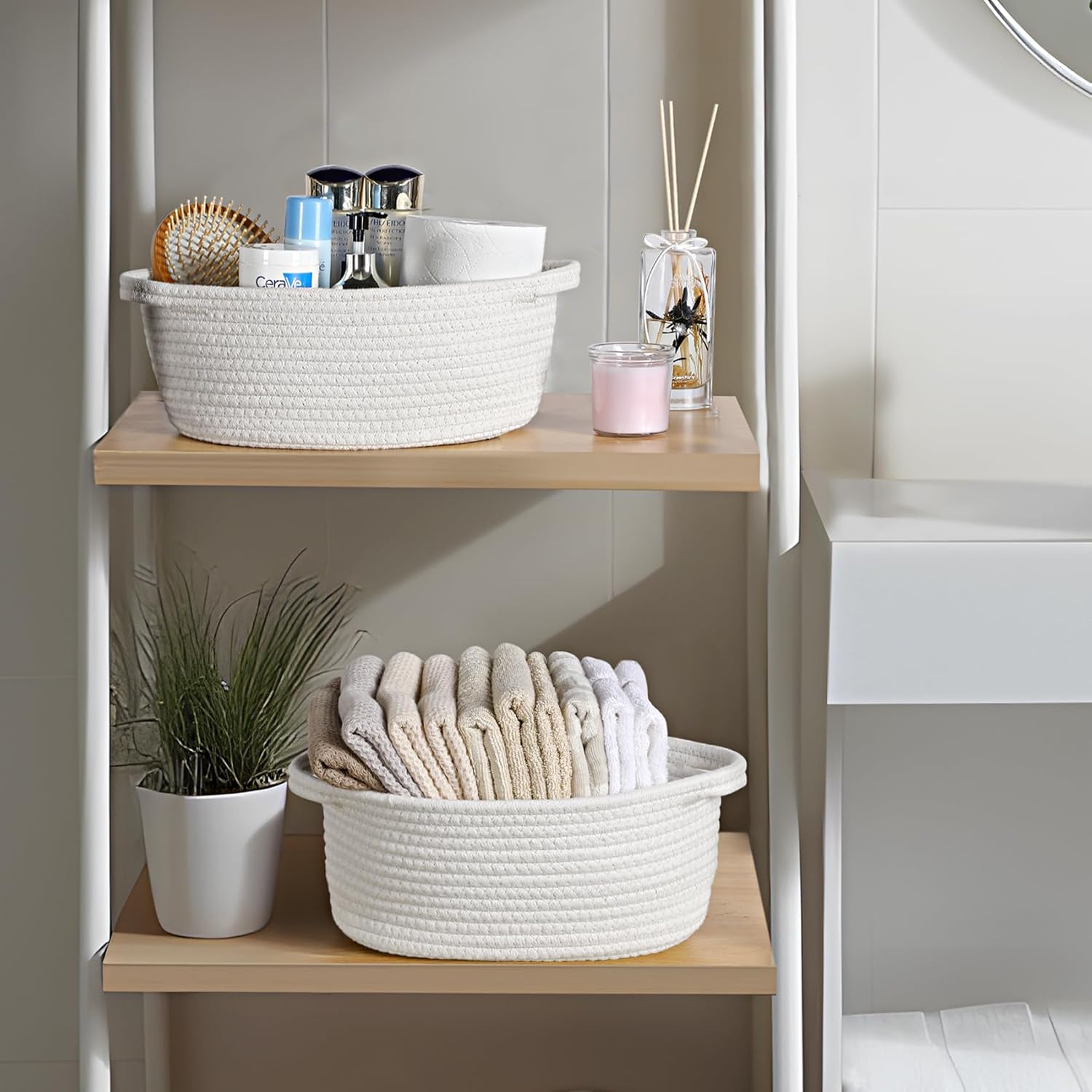 4 Pack Small Woven Basket with Handles, All 12"x 8"x 5", Cotton Rope Room Shelf Storage Basket, Cat Toys, Cute Baby Gift Bags and Ribbons for Nursery, Empty Decorative Chest Box White -